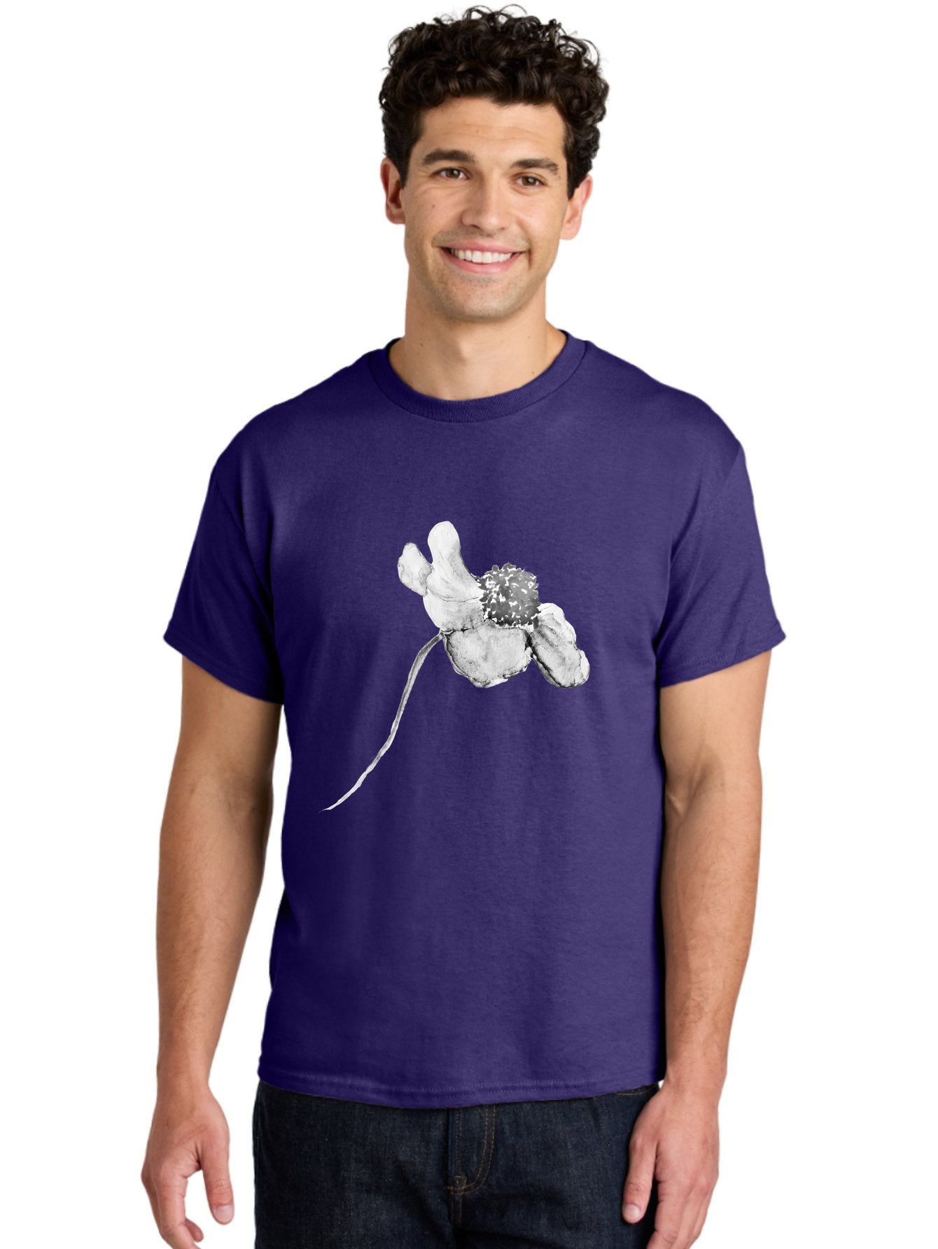 Hand-Drawn-Mouse Men'S Graphic Tee, 100% Cotton, Comfortable Casual Summer Wear, Machine Washable, White Flower, Minimalist Design, Simple Graphics, Digital Illustration, Flower Graphic, Elegant, Modern Art, Clean Lines, Abstract Flower Aac320 28