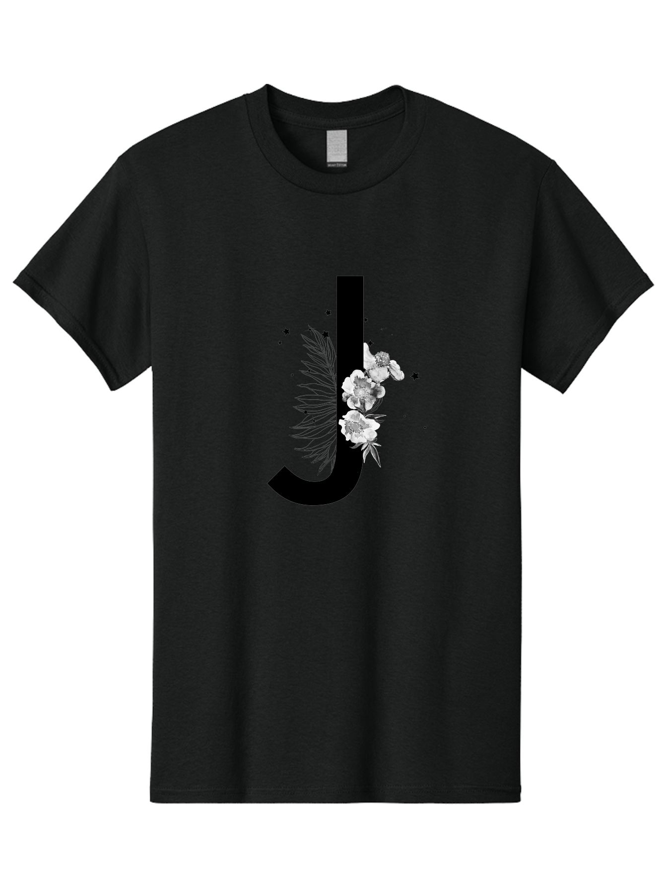 J Men'S Graphic Tee, 100% Cotton, Comfortable Casual Summer Wear, Machine Washable, Black Letter J, Floral Design, White Flowers, Artistic Typography, Elegant Lettering, Decorative Alphabet, Floral Arrangement, Creative Graphics, Aac328 27