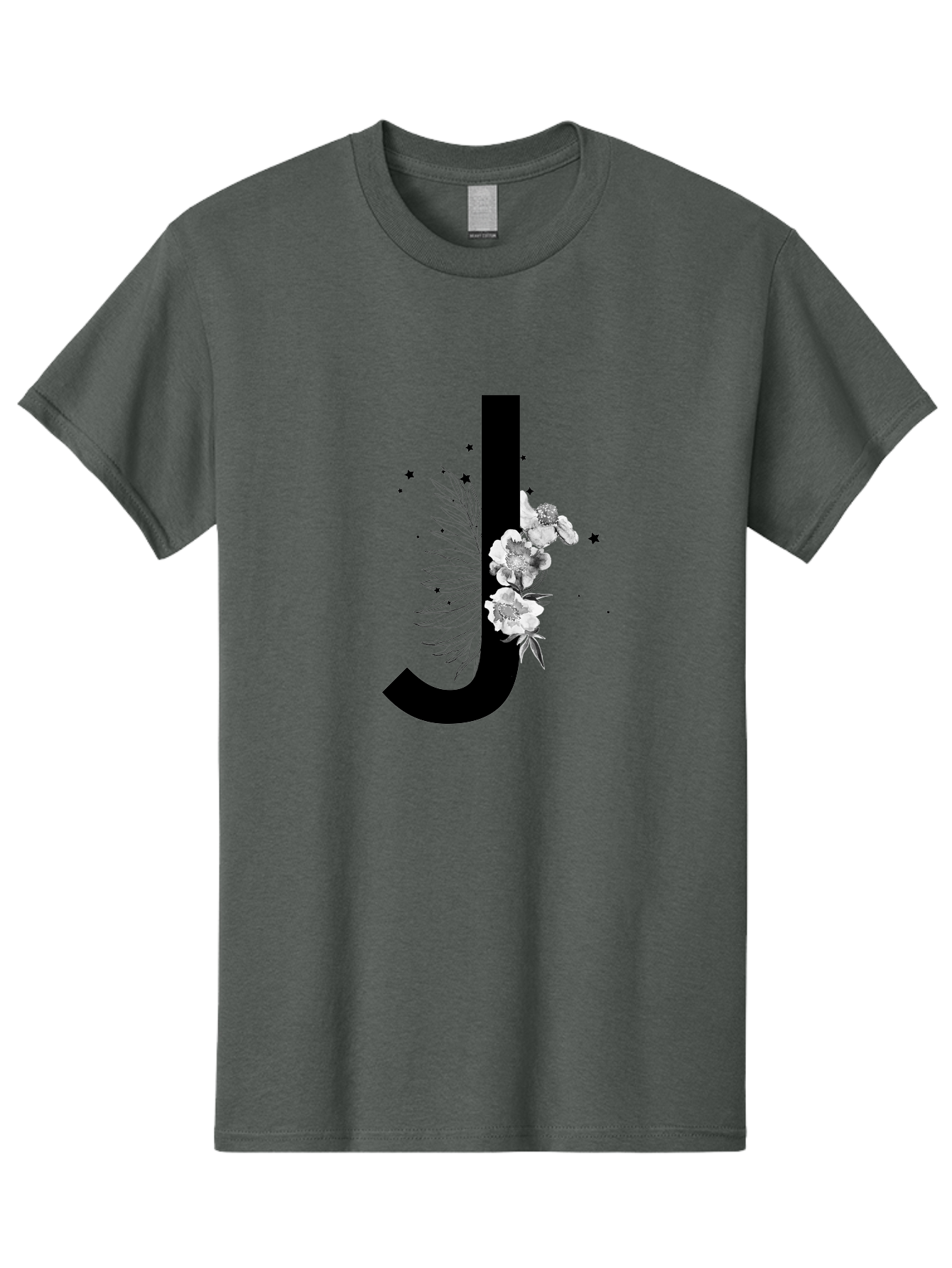 J Men'S Graphic Tee, 100% Cotton, Comfortable Casual Summer Wear, Machine Washable, Black Letter J, Floral Design, White Flowers, Artistic Typography, Elegant Lettering, Decorative Alphabet, Floral Arrangement, Creative Graphics, Aac328 23