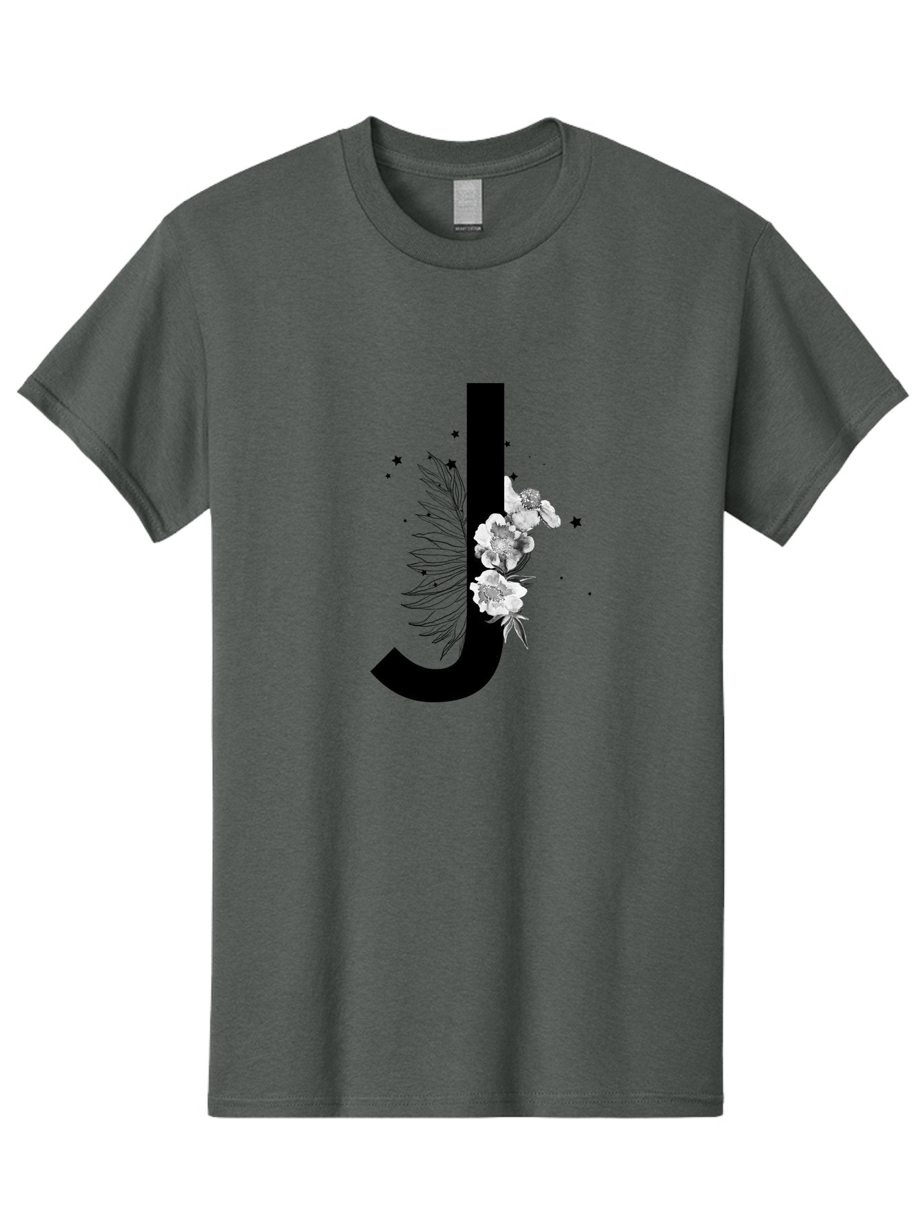 J Men'S Graphic Tee, 100% Cotton, Comfortable Casual Summer Wear, Machine Washable, Black Letter J, Floral Design, White Flowers, Artistic Typography, Elegant Lettering, Decorative Alphabet, Floral Arrangement, Creative Graphics, Aac328 4