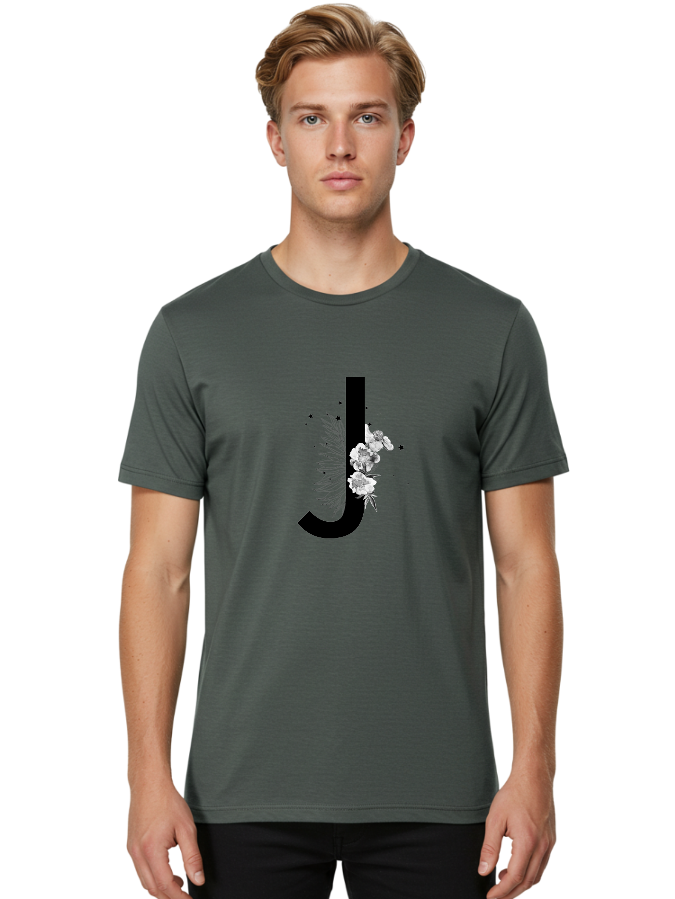 J Men'S Graphic Tee, 100% Cotton, Comfortable Casual Summer Wear, Machine Washable, Black Letter J, Floral Design, White Flowers, Artistic Typography, Elegant Lettering, Decorative Alphabet, Floral Arrangement, Creative Graphics, Aac328 24