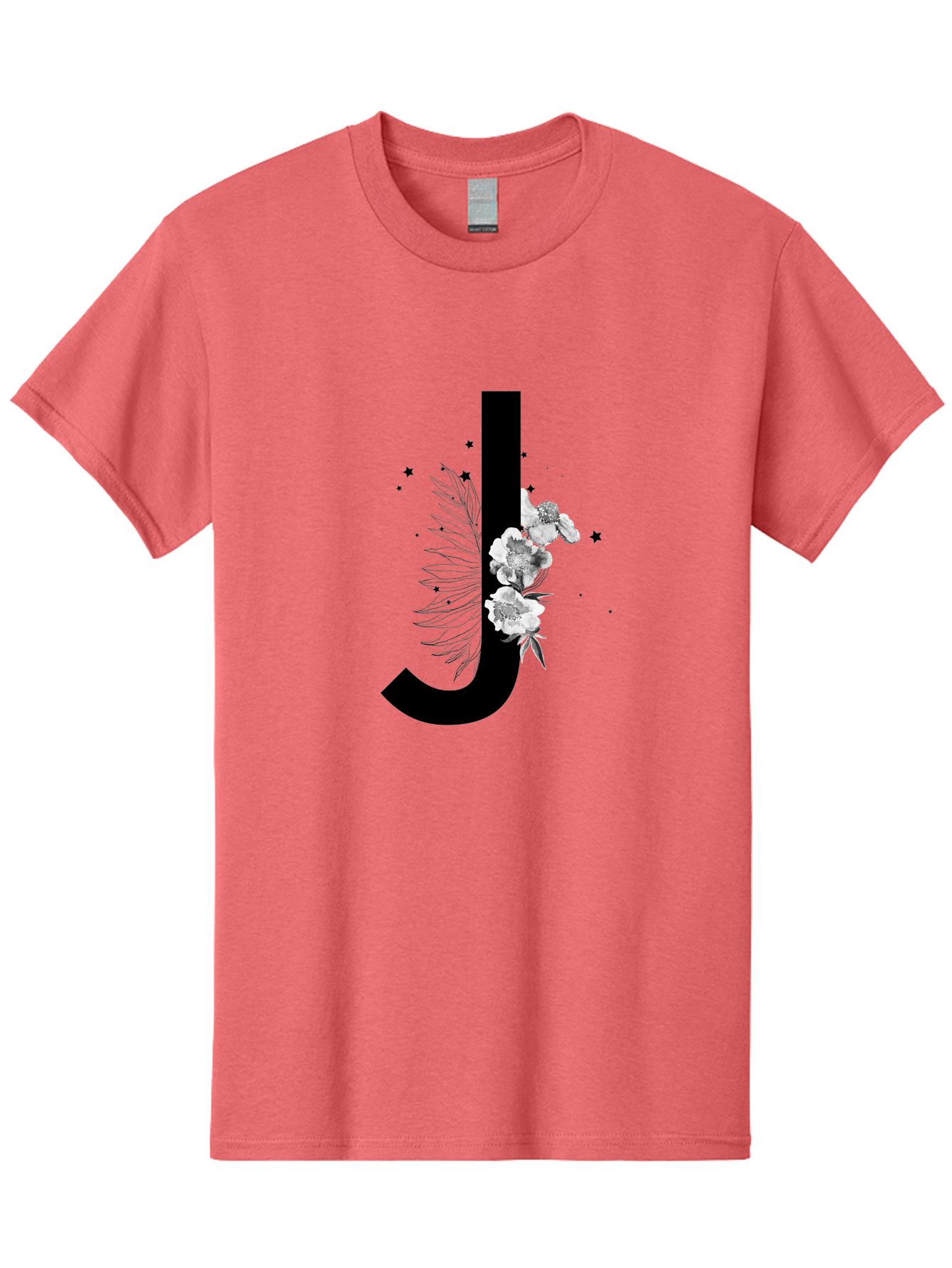 J Men'S Graphic Tee, 100% Cotton, Comfortable Casual Summer Wear, Machine Washable, Black Letter J, Floral Design, White Flowers, Artistic Typography, Elegant Lettering, Decorative Alphabet, Floral Arrangement, Creative Graphics, Aac328 5