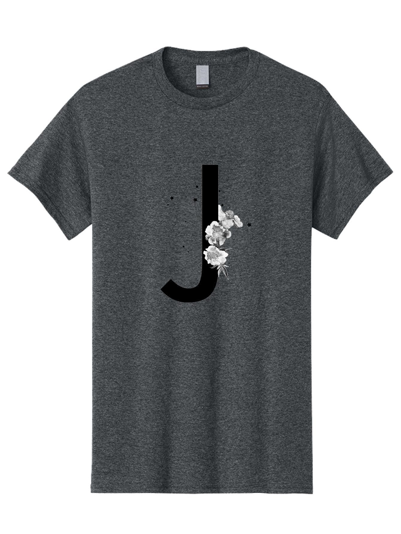 J Men'S Graphic Tee, 100% Cotton, Comfortable Casual Summer Wear, Machine Washable, Black Letter J, Floral Design, White Flowers, Artistic Typography, Elegant Lettering, Decorative Alphabet, Floral Arrangement, Creative Graphics, Aac328 25