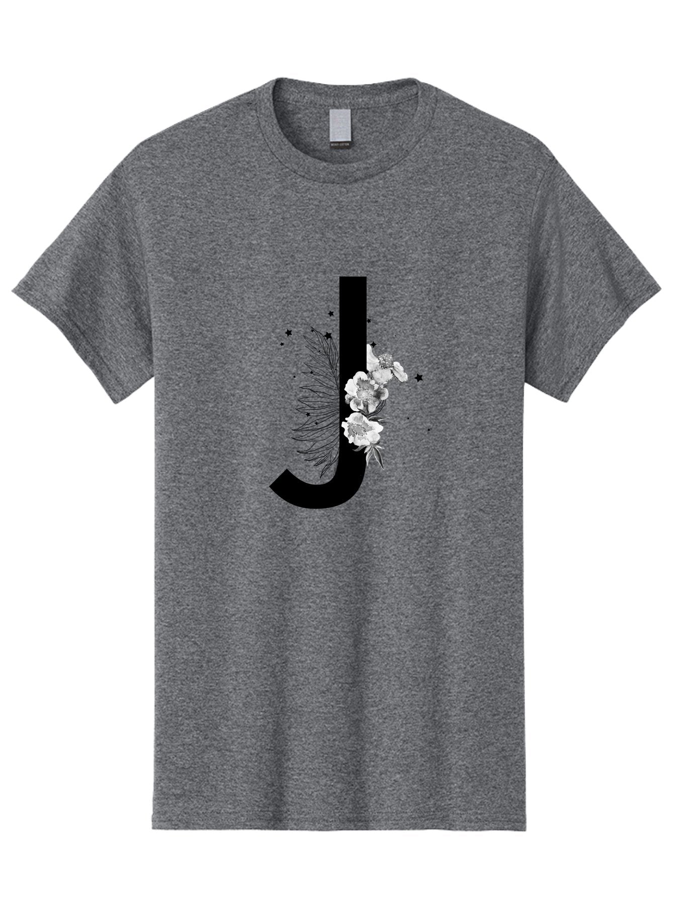 J Men'S Graphic Tee, 100% Cotton, Comfortable Casual Summer Wear, Machine Washable, Black Letter J, Floral Design, White Flowers, Artistic Typography, Elegant Lettering, Decorative Alphabet, Floral Arrangement, Creative Graphics, Aac328 14