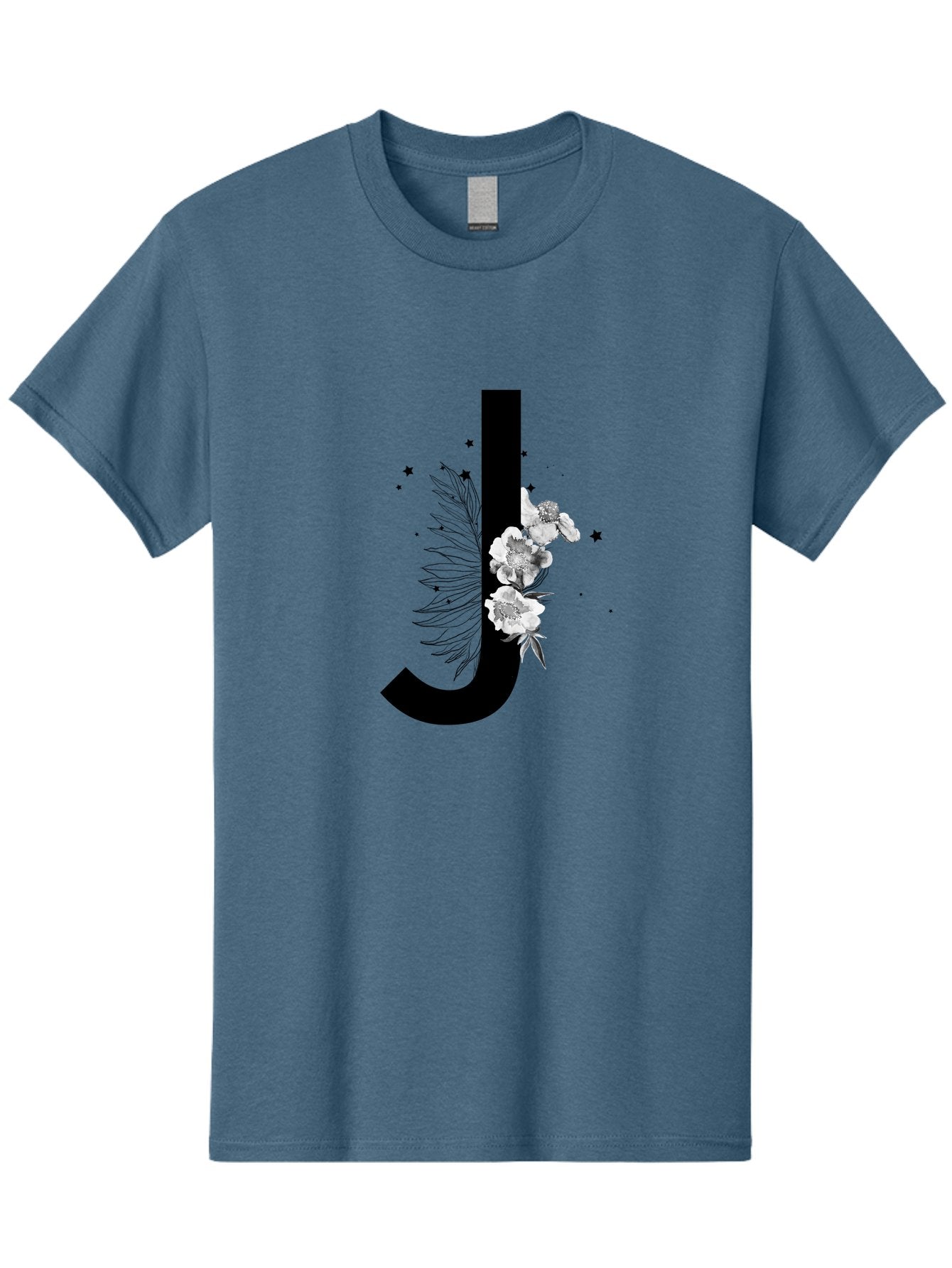 J Men'S Graphic Tee, 100% Cotton, Comfortable Casual Summer Wear, Machine Washable, Black Letter J, Floral Design, White Flowers, Artistic Typography, Elegant Lettering, Decorative Alphabet, Floral Arrangement, Creative Graphics, Aac328 11