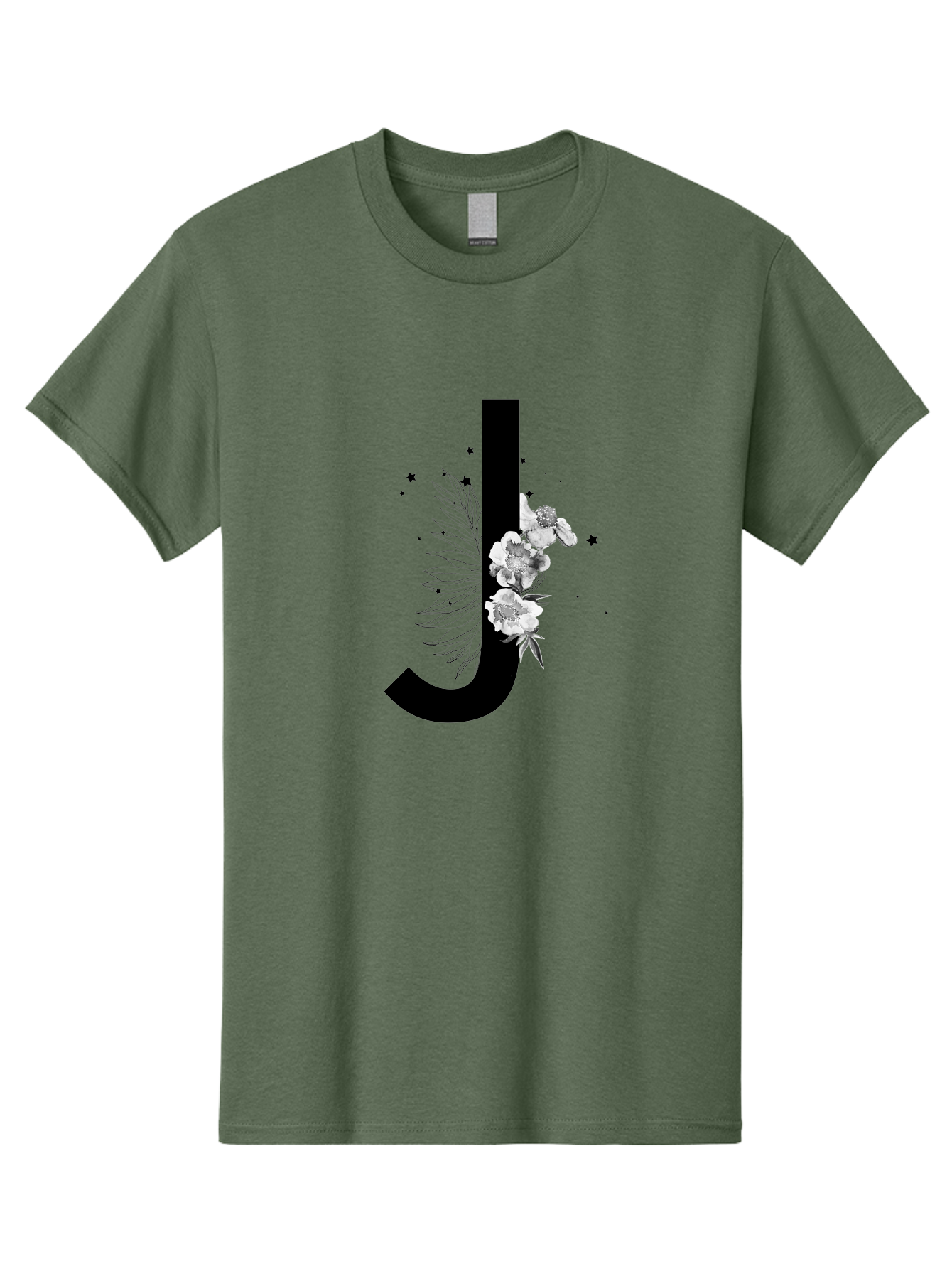 J Men'S Graphic Tee, 100% Cotton, Comfortable Casual Summer Wear, Machine Washable, Black Letter J, Floral Design, White Flowers, Artistic Typography, Elegant Lettering, Decorative Alphabet, Floral Arrangement, Creative Graphics, Aac328 29