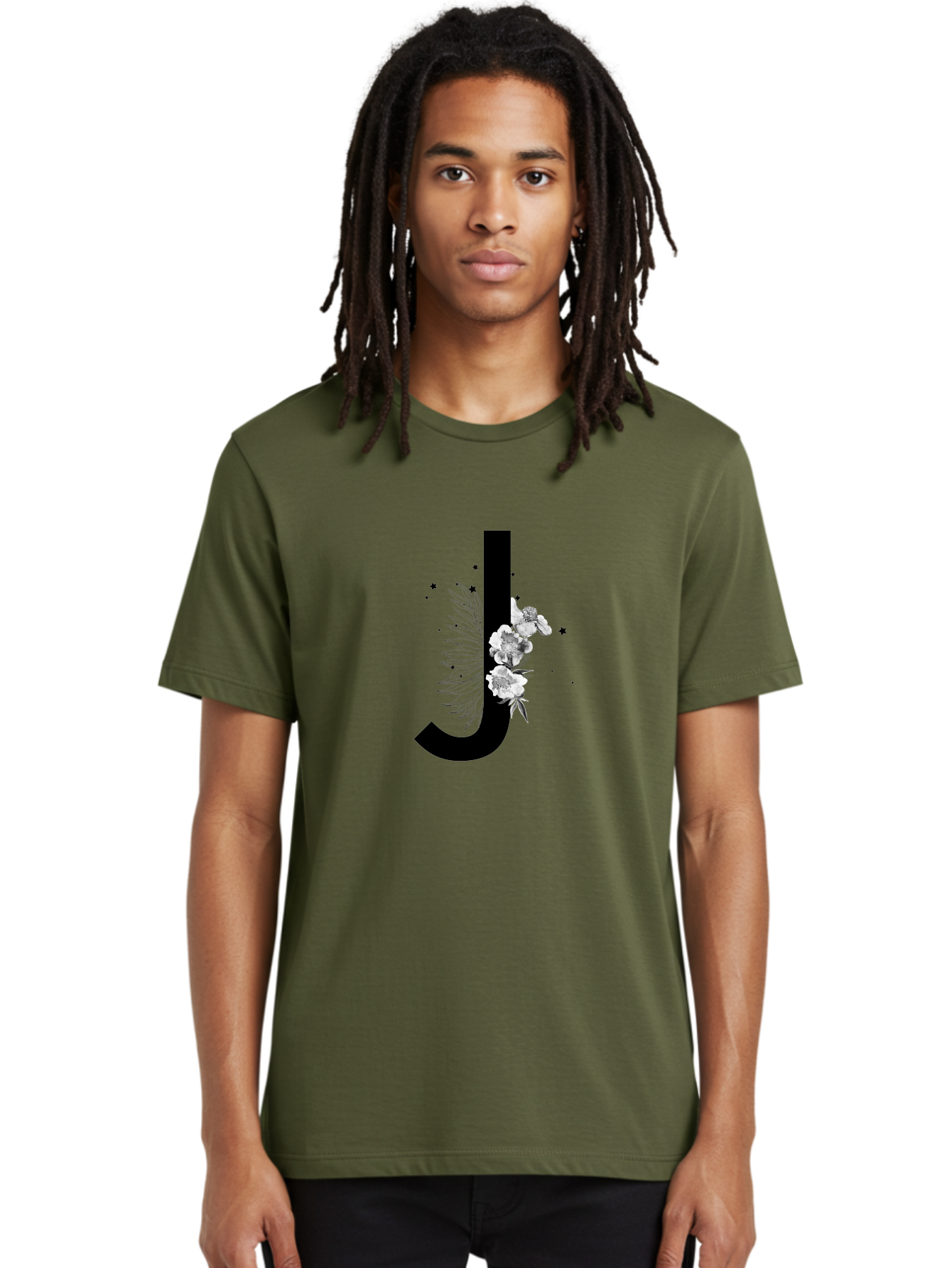 J Men'S Graphic Tee, 100% Cotton, Comfortable Casual Summer Wear, Machine Washable, Black Letter J, Floral Design, White Flowers, Artistic Typography, Elegant Lettering, Decorative Alphabet, Floral Arrangement, Creative Graphics, Aac328 30