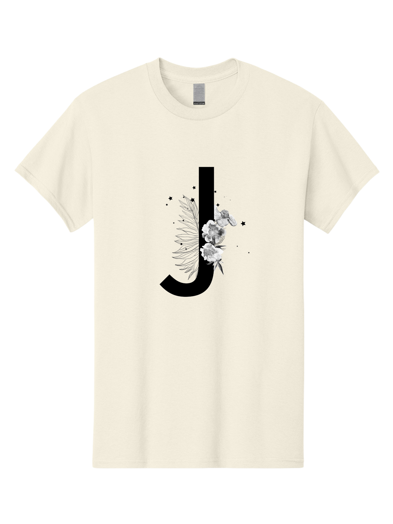J Men'S Graphic Tee, 100% Cotton, Comfortable Casual Summer Wear, Machine Washable, Black Letter J, Floral Design, White Flowers, Artistic Typography, Elegant Lettering, Decorative Alphabet, Floral Arrangement, Creative Graphics, Aac328 19