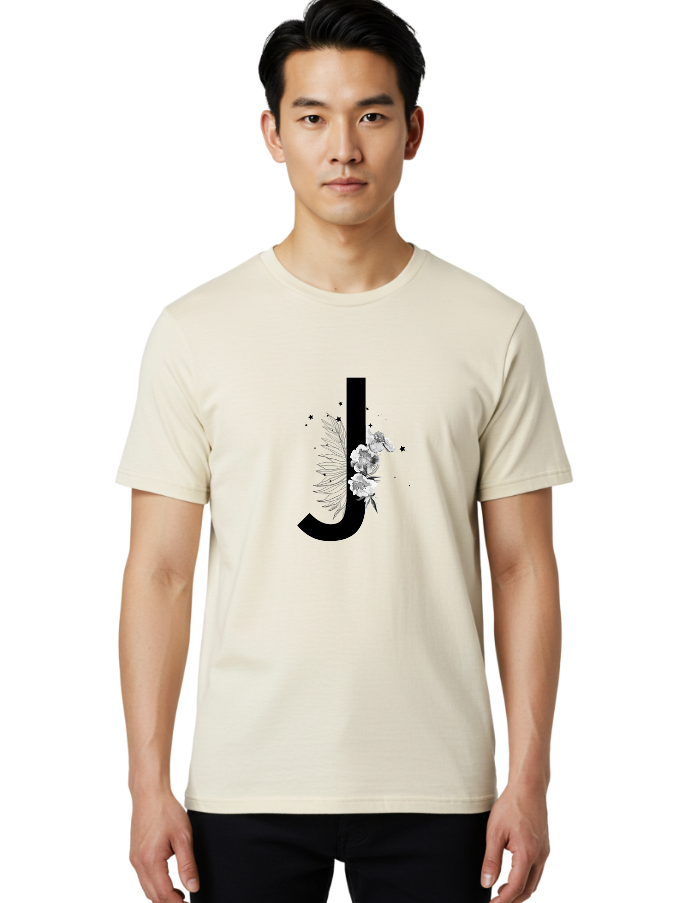 J Men'S Graphic Tee, 100% Cotton, Comfortable Casual Summer Wear, Machine Washable, Black Letter J, Floral Design, White Flowers, Artistic Typography, Elegant Lettering, Decorative Alphabet, Floral Arrangement, Creative Graphics, Aac328 20