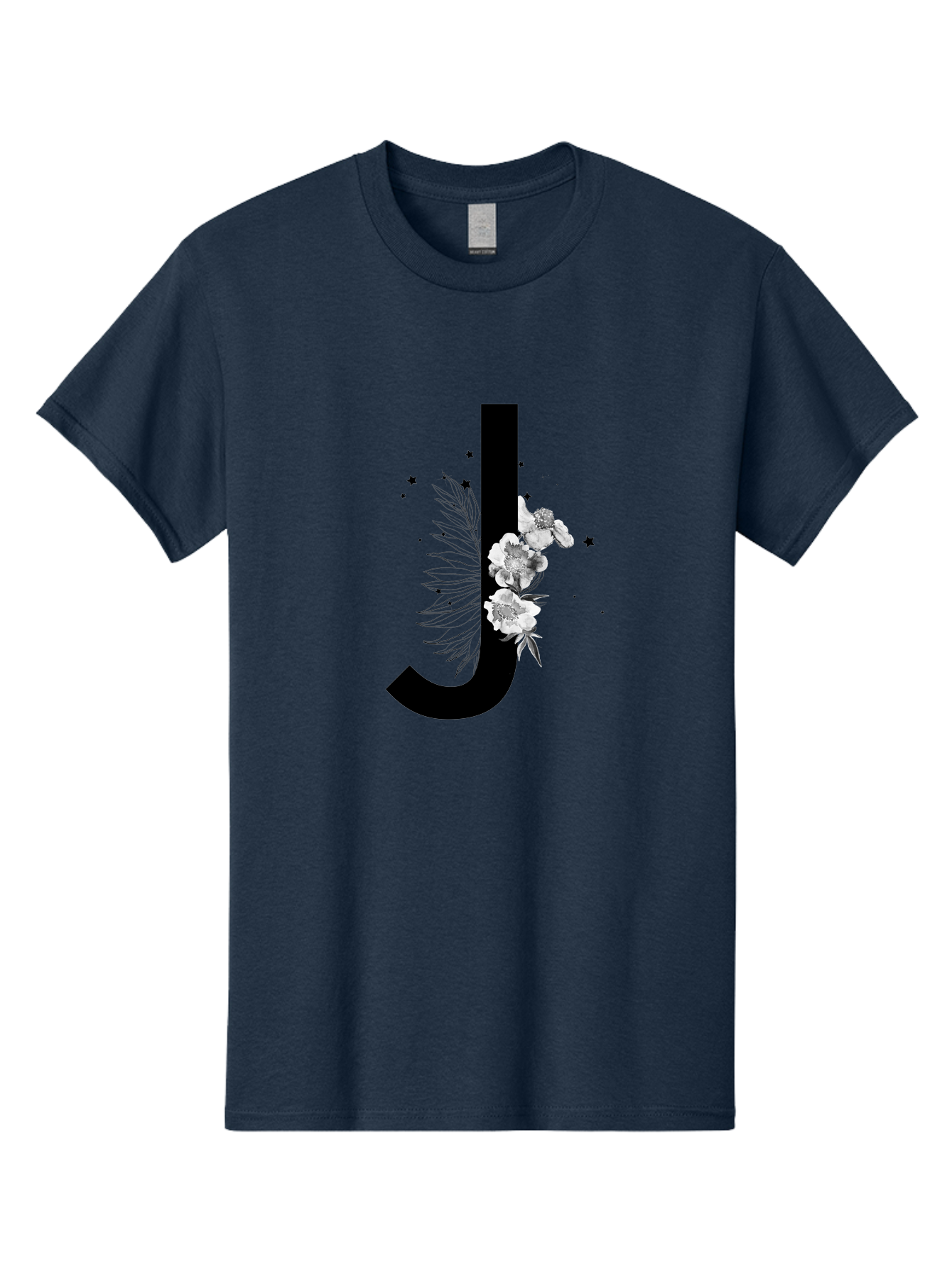 J Men'S Graphic Tee, 100% Cotton, Comfortable Casual Summer Wear, Machine Washable, Black Letter J, Floral Design, White Flowers, Artistic Typography, Elegant Lettering, Decorative Alphabet, Floral Arrangement, Creative Graphics, Aac328 9