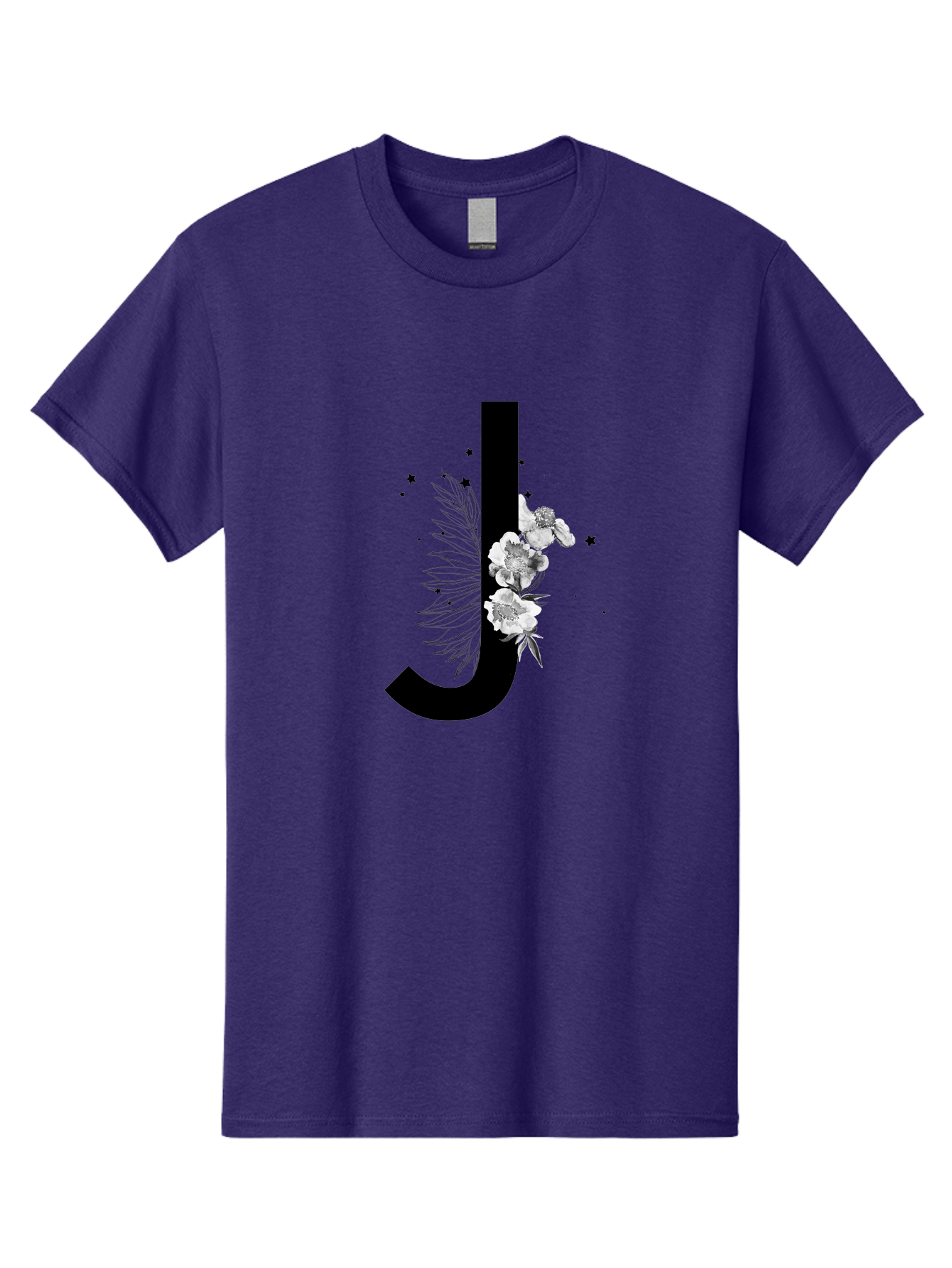 J Men'S Graphic Tee, 100% Cotton, Comfortable Casual Summer Wear, Machine Washable, Black Letter J, Floral Design, White Flowers, Artistic Typography, Elegant Lettering, Decorative Alphabet, Floral Arrangement, Creative Graphics, Aac328 11