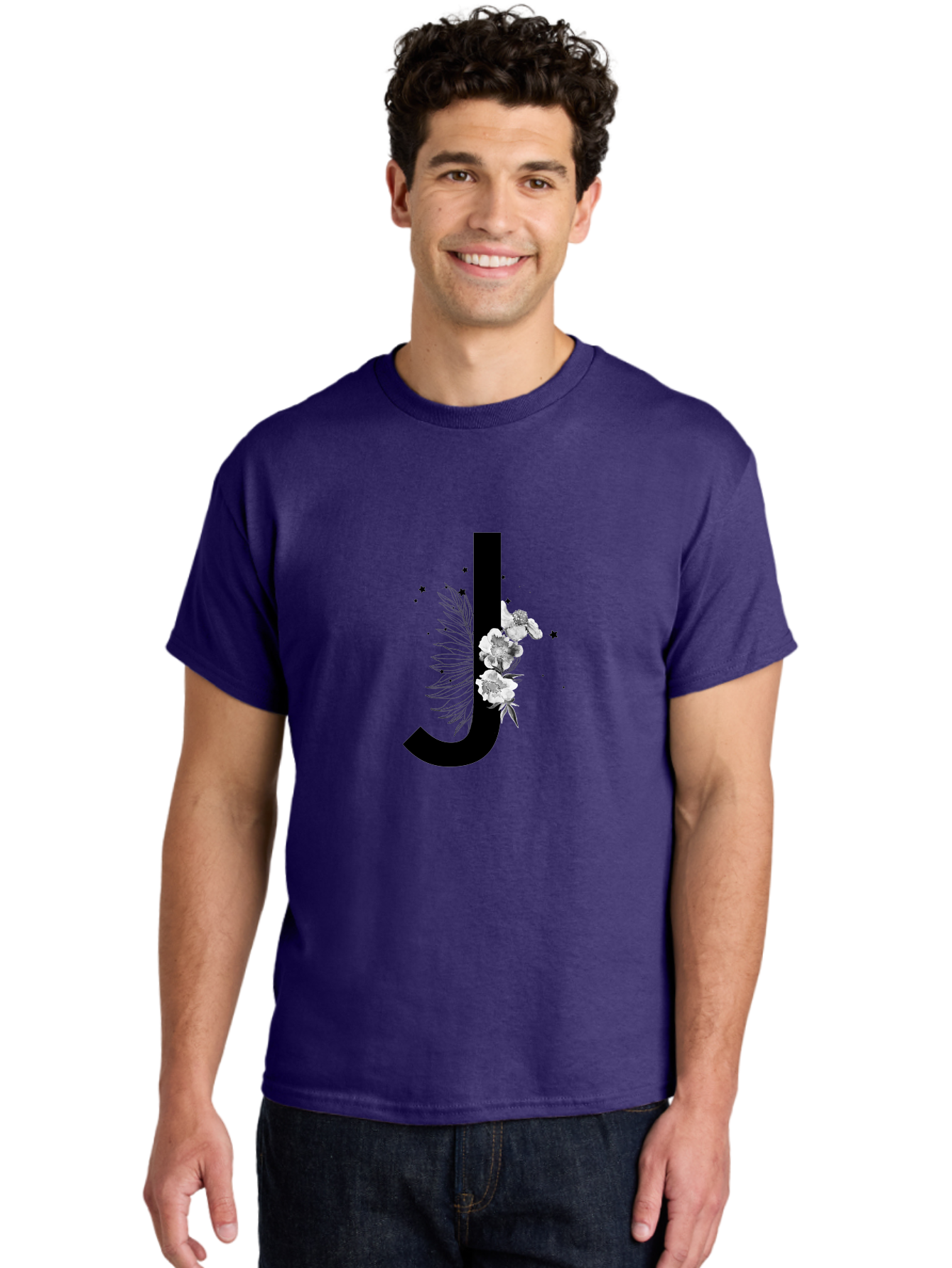 J Men'S Graphic Tee, 100% Cotton, Comfortable Casual Summer Wear, Machine Washable, Black Letter J, Floral Design, White Flowers, Artistic Typography, Elegant Lettering, Decorative Alphabet, Floral Arrangement, Creative Graphics, Aac328 12