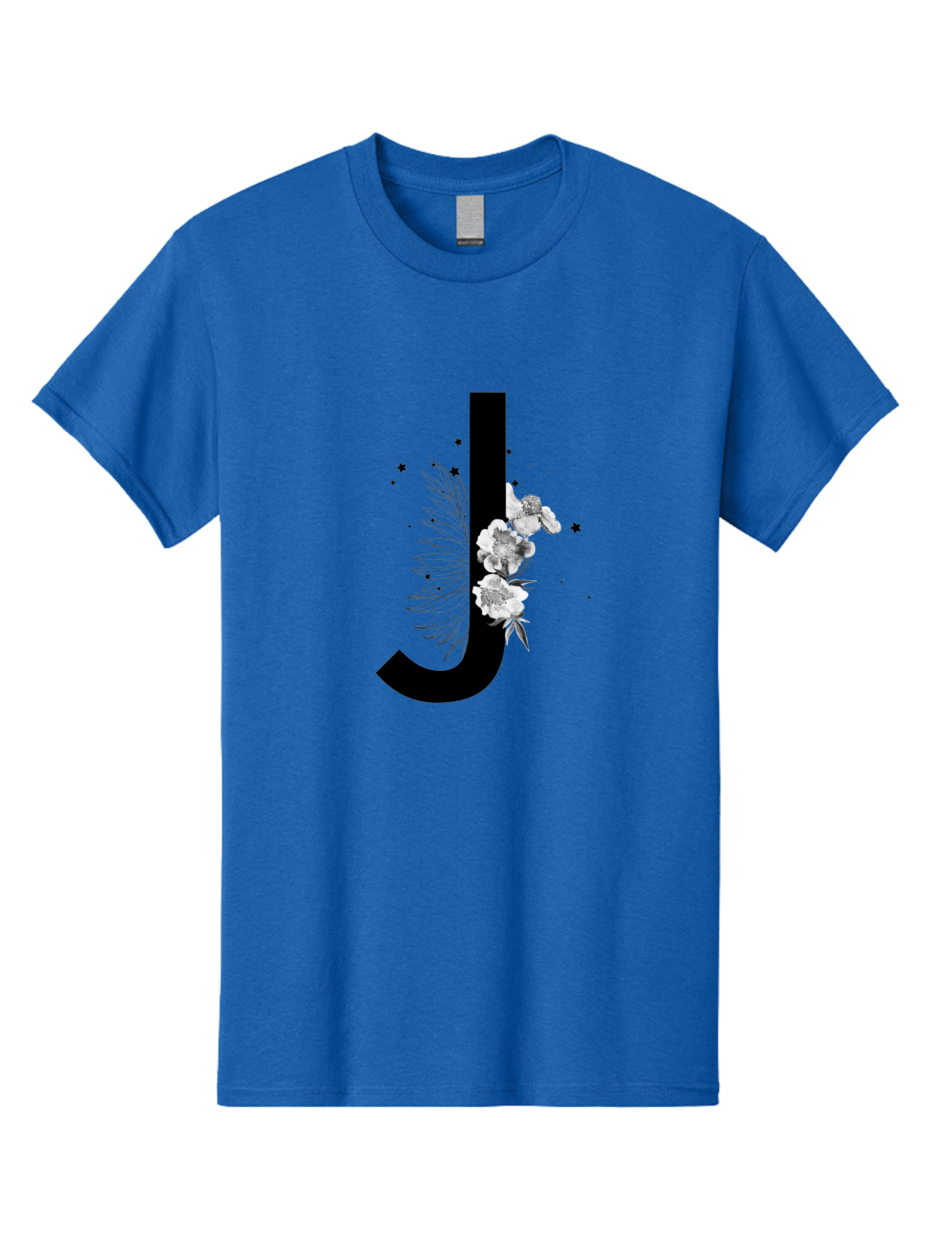 J Men'S Graphic Tee, 100% Cotton, Comfortable Casual Summer Wear, Machine Washable, Black Letter J, Floral Design, White Flowers, Artistic Typography, Elegant Lettering, Decorative Alphabet, Floral Arrangement, Creative Graphics, Aac328 21