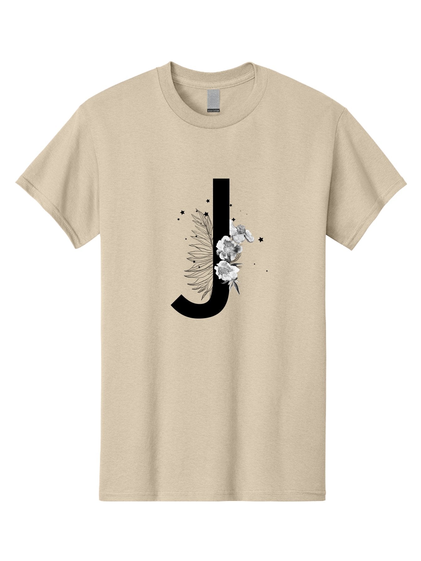 J Men'S Graphic Tee, 100% Cotton, Comfortable Casual Summer Wear, Machine Washable, Black Letter J, Floral Design, White Flowers, Artistic Typography, Elegant Lettering, Decorative Alphabet, Floral Arrangement, Creative Graphics, Aac328 5
