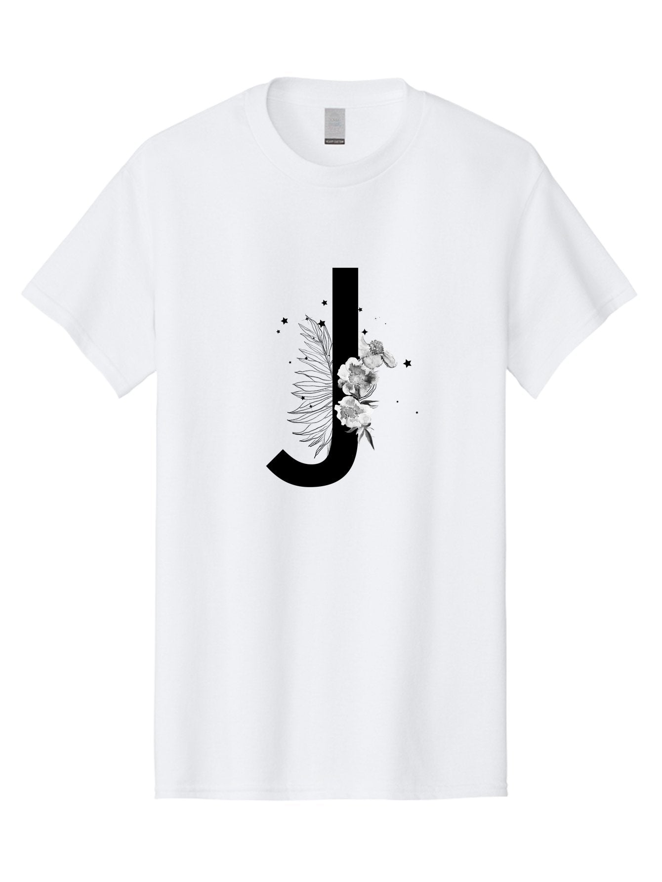 J Men'S Graphic Tee, 100% Cotton, Comfortable Casual Summer Wear, Machine Washable, Black Letter J, Floral Design, White Flowers, Artistic Typography, Elegant Lettering, Decorative Alphabet, Floral Arrangement, Creative Graphics, Aac328 6