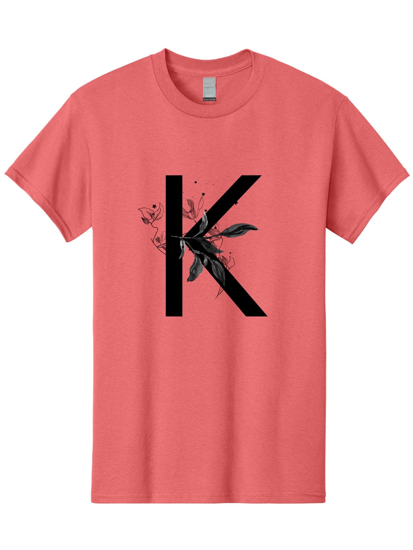 K Men'S Graphic Tee, 100% Cotton, Comfortable Casual Summer Wear, Machine Washable, Floral Letter K, Black Lettering, Leafy Design, Botanical Elements, Elegant Typography, Decorative Alphabet, Modern Floral Aac329