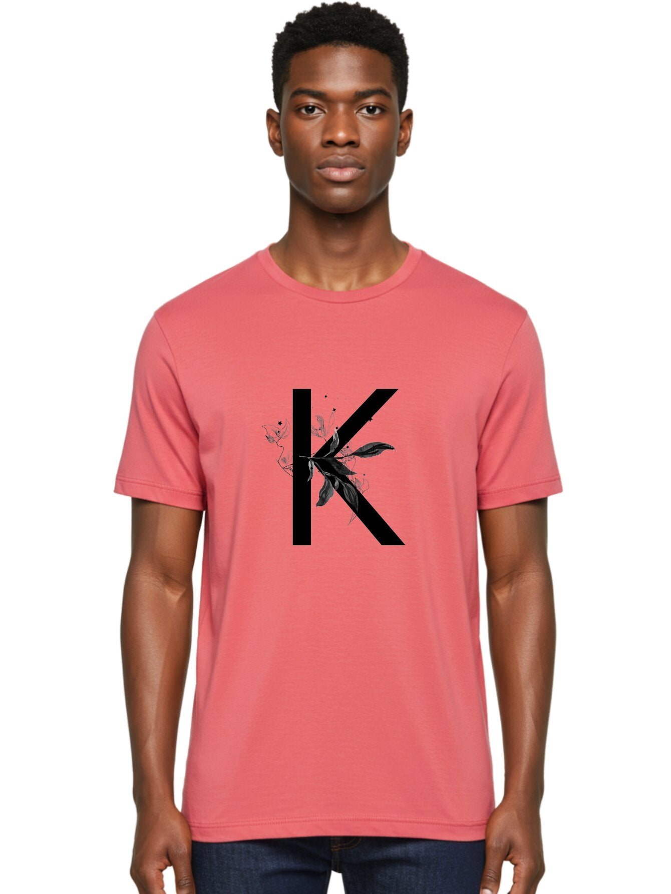 K Men'S Graphic Tee, 100% Cotton, Comfortable Casual Summer Wear, Machine Washable, Floral Letter K, Black Lettering, Leafy Design, Botanical Elements, Elegant Typography, Decorative Alphabet, Modern Floral Aac329 19