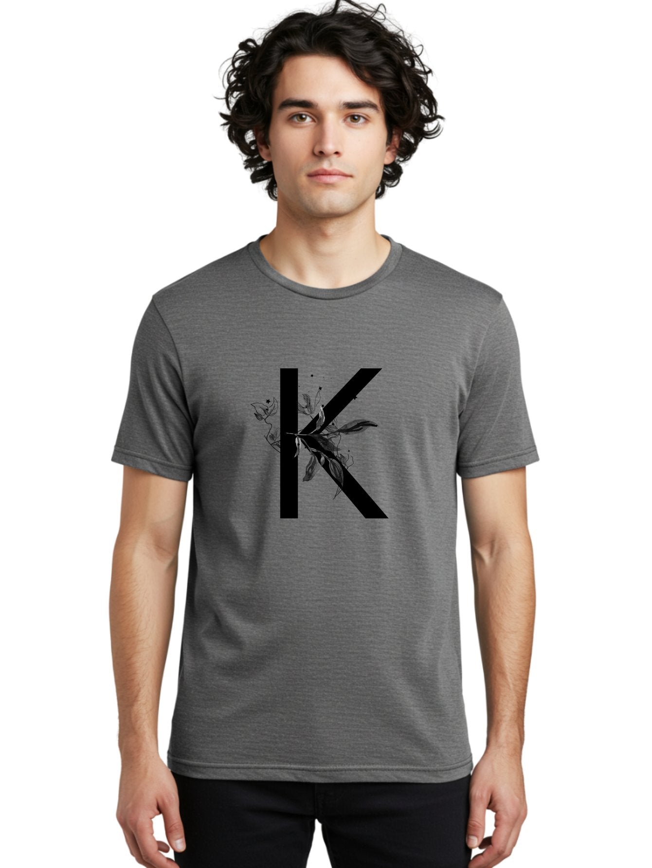 K Men'S Graphic Tee, 100% Cotton, Comfortable Casual Summer Wear, Machine Washable, Floral Letter K, Black Lettering, Leafy Design, Botanical Elements, Elegant Typography, Decorative Alphabet, Modern Floral Aac329 25