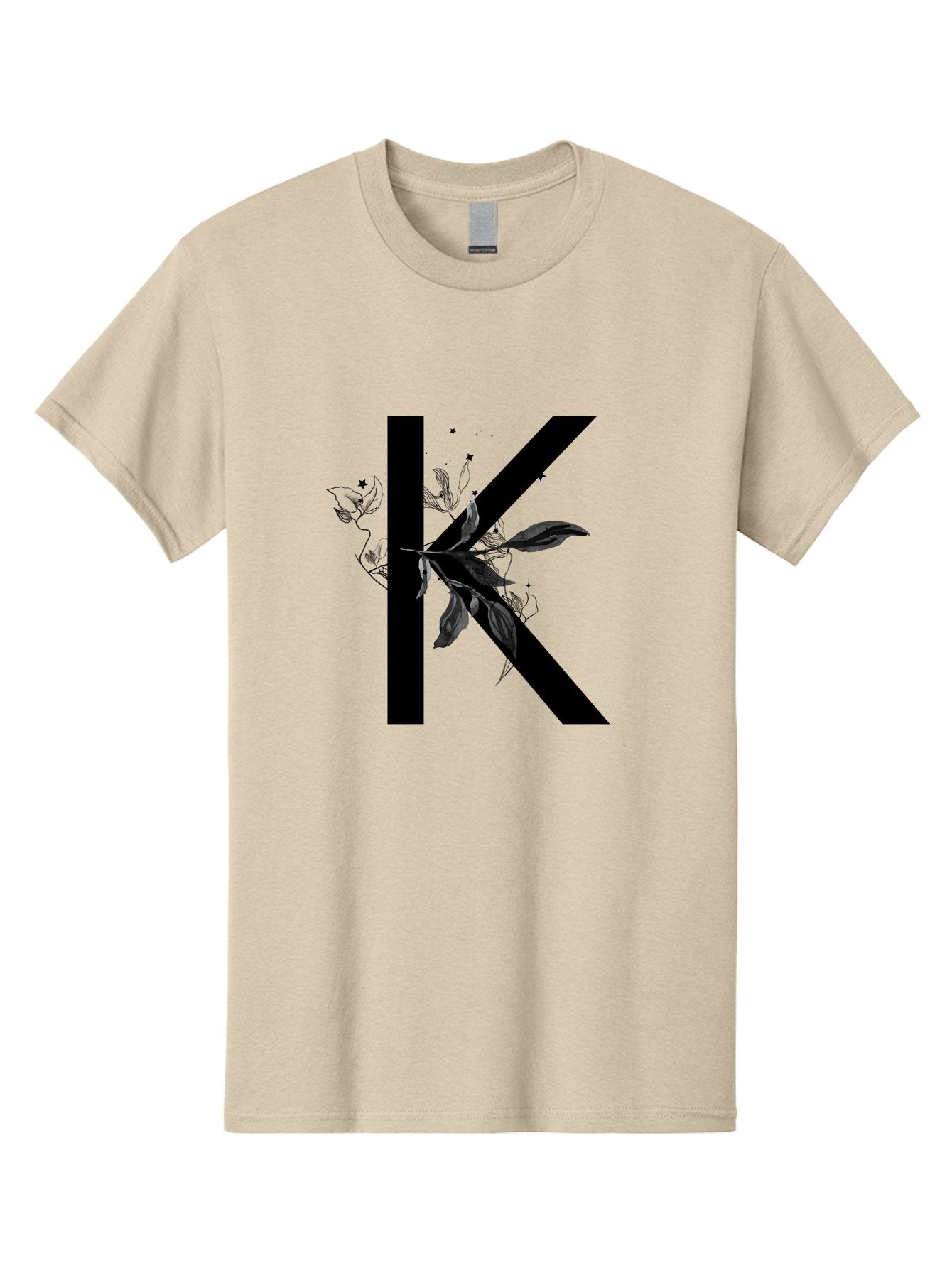 K Men'S Graphic Tee, 100% Cotton, Comfortable Casual Summer Wear, Machine Washable, Floral Letter K, Black Lettering, Leafy Design, Botanical Elements, Elegant Typography, Decorative Alphabet, Modern Floral Aac329 3