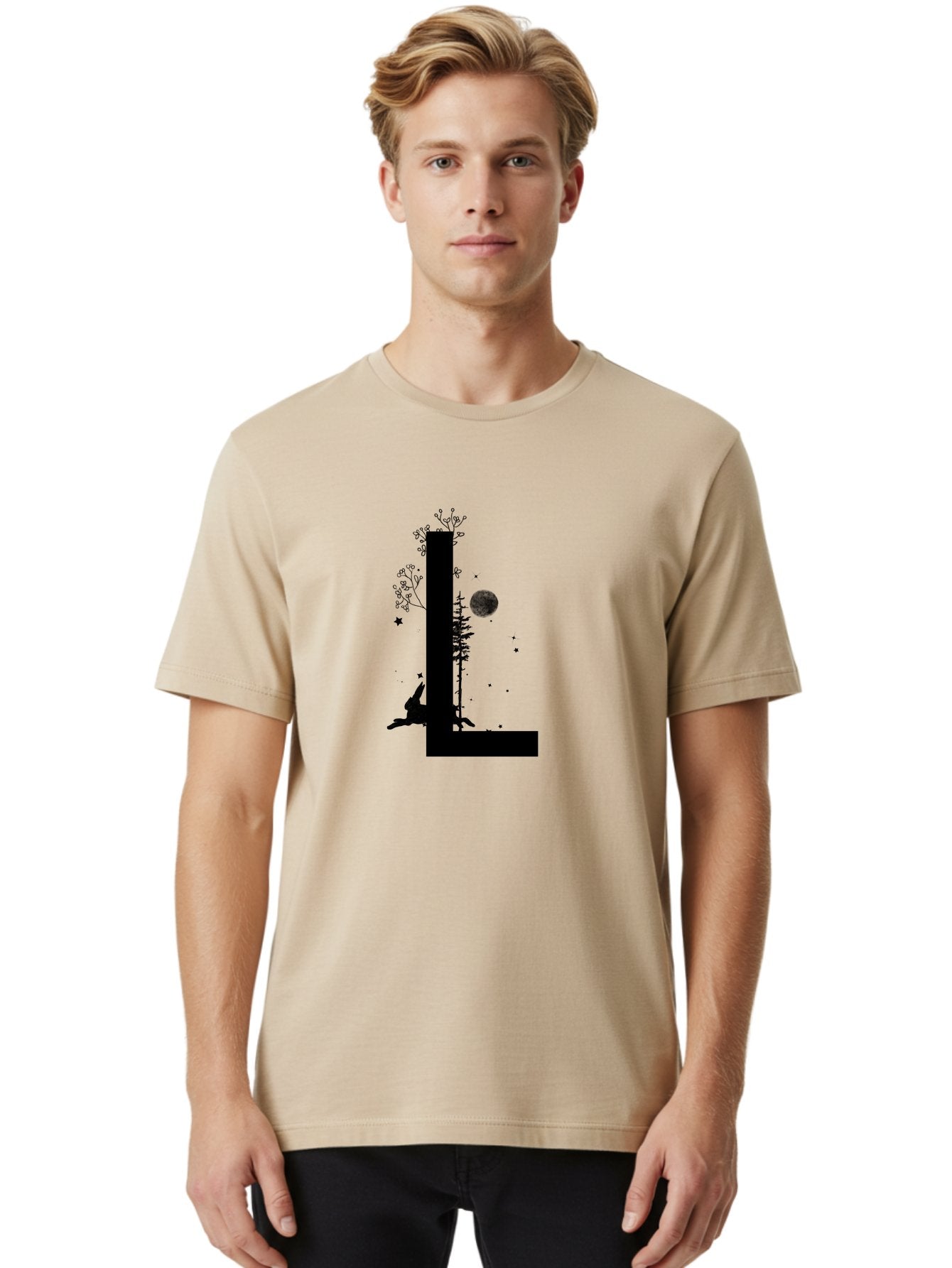 L Men'S Graphic Tee, 100% Cotton, Comfortable Casual Summer Wear, Machine Washable, Silhouette Of Letter L, Mystical Atmosphere, Nighttime Scenery, Full Moon, Stars, Flowers, Abstract Art, Dreamy Landscape, Magical Realism Aac330 24