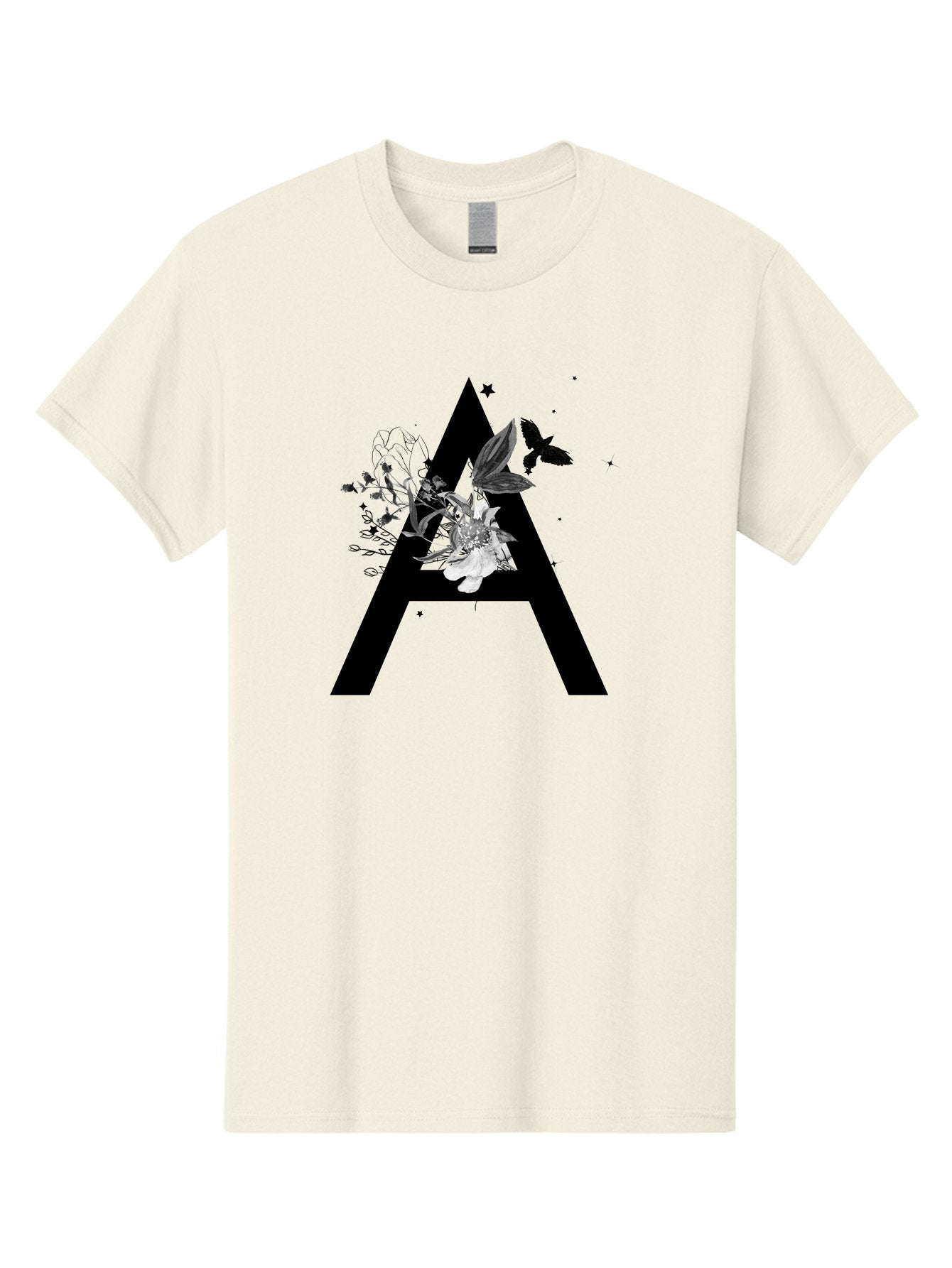 Letter-A Men'S Graphic Tee, 100% Cotton, Comfortable Casual Summer Wear, Machine Washable, Letter A, Floral Decor, Black Lettering, White Flowers, Dark Birds, Ink Splatters, Artistic Typography, Elegant Design, Modern Calligraphy Aac333 11