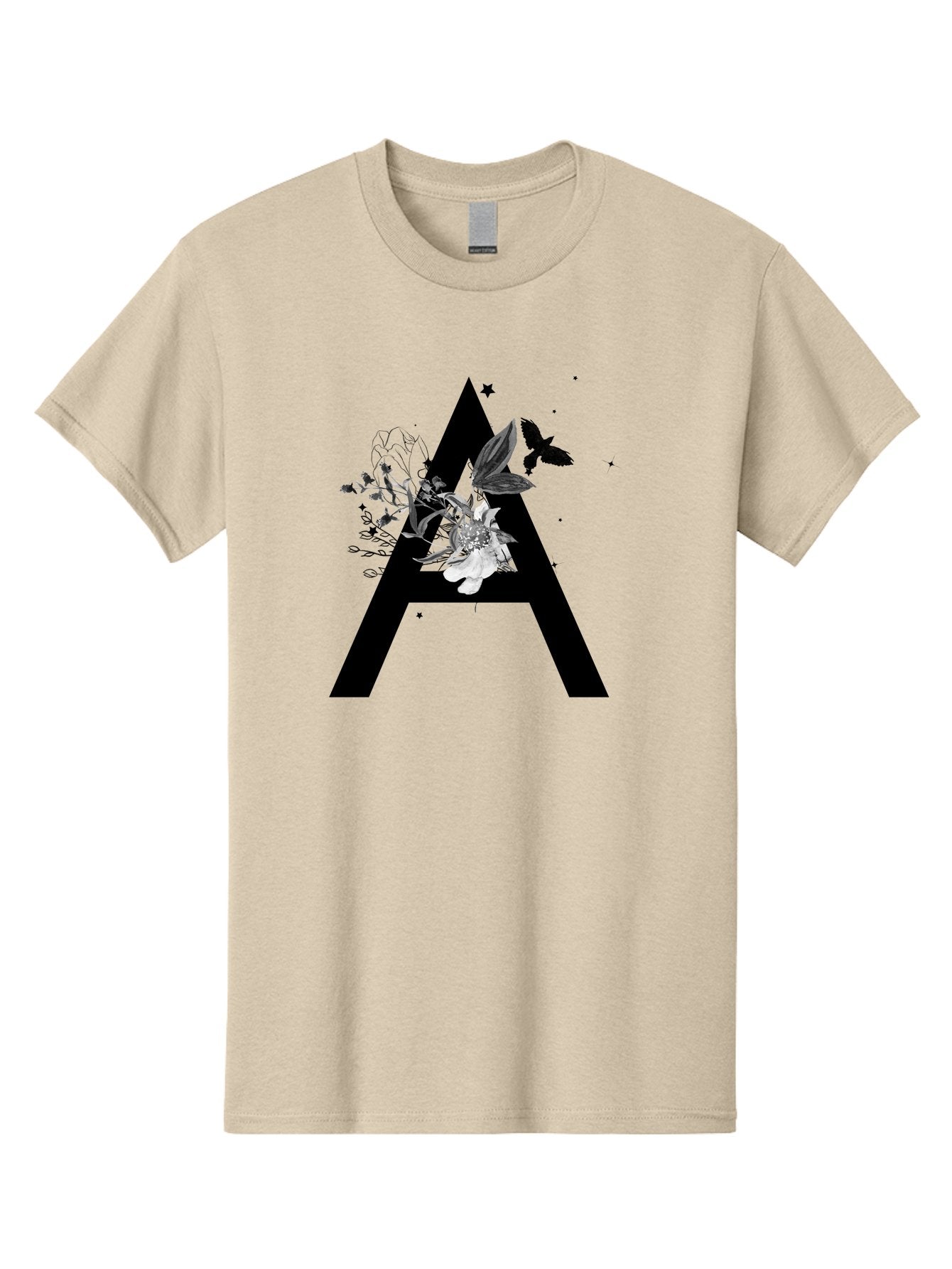 Letter-A Men'S Graphic Tee, 100% Cotton, Comfortable Casual Summer Wear, Machine Washable, Letter A, Floral Decor, Black Lettering, White Flowers, Dark Birds, Ink Splatters, Artistic Typography, Elegant Design, Modern Calligraphy Aac333 5