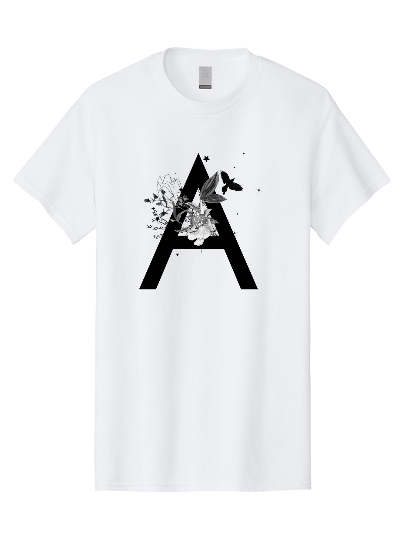 Letter-A Men'S Graphic Tee, 100% Cotton, Comfortable Casual Summer Wear, Machine Washable, Letter A, Floral Decor, Black Lettering, White Flowers, Dark Birds, Ink Splatters, Artistic Typography, Elegant Design, Modern Calligraphy Aac333 14