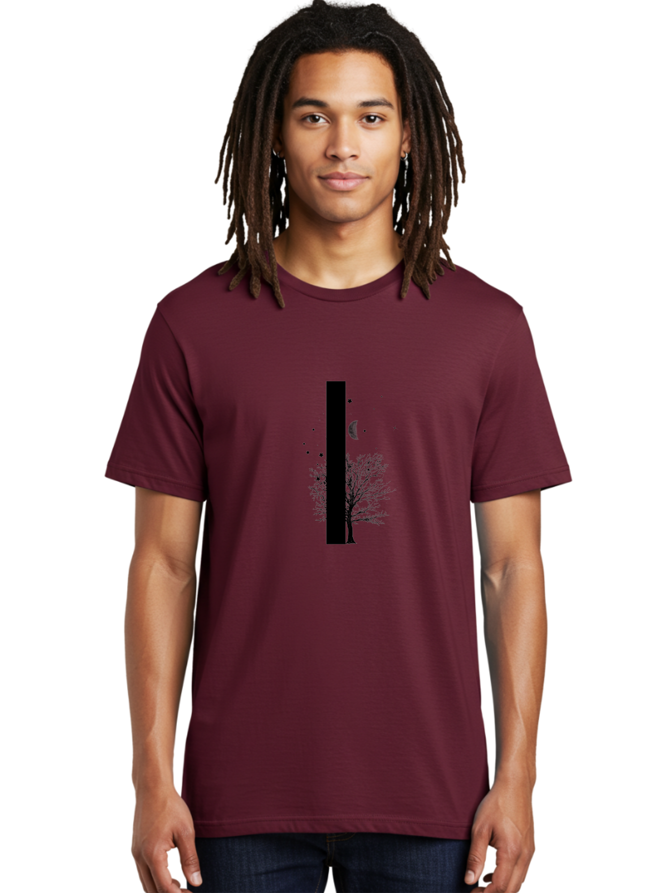 Letter-I Men'S Graphic Tee, 100% Cotton, Comfortable Casual Summer Wear, Machine Washable, Letter I, Tree Silhouette, Moon And Stars, Night Sky, Celestial Design, Typography, Minimalist Art, Simple Shapes, Bold Graphics, Abstract Illustration Aac334