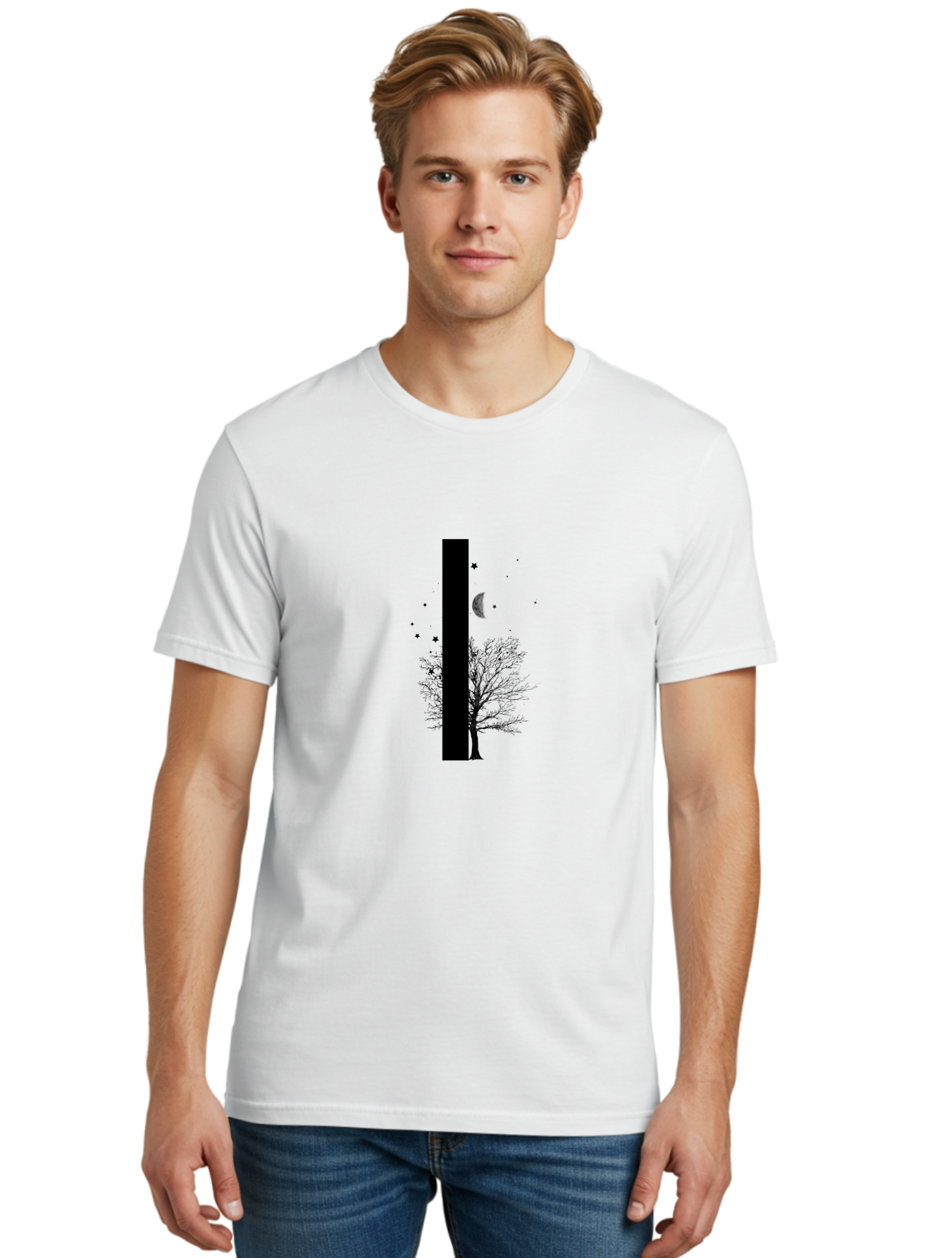 Letter-I Men'S Graphic Tee, 100% Cotton, Comfortable Casual Summer Wear, Machine Washable, Letter I, Tree Silhouette, Moon And Stars, Night Sky, Celestial Design, Typography, Minimalist Art, Simple Shapes, Bold Graphics, Abstract Illustration Aac334 24