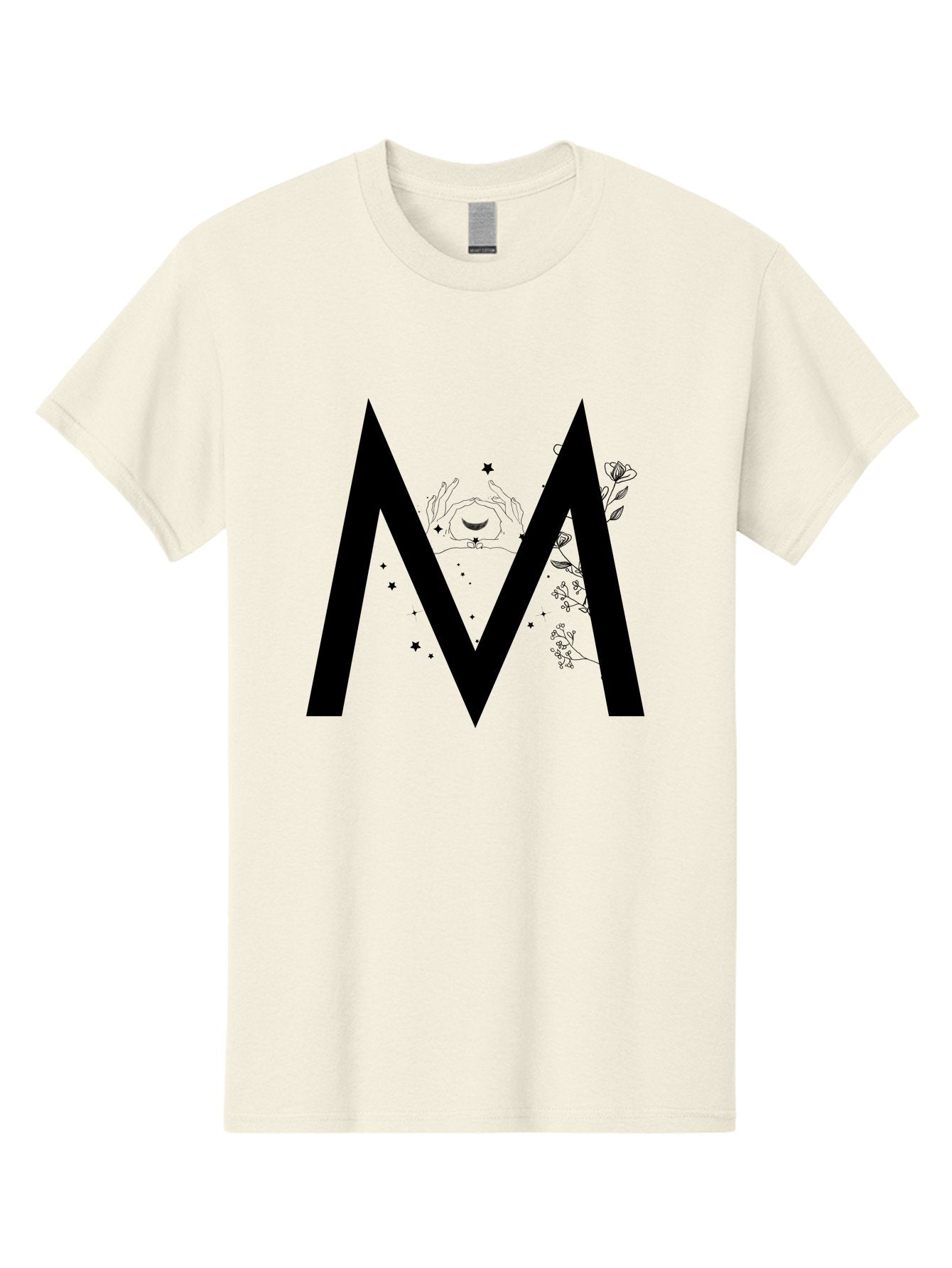 M Men'S Graphic Tee, 100% Cotton, Comfortable Casual Summer Wear, Machine Washable, Mystical M, Black Lettering, Stars, Flowers, Mystical Imagery, Spiritual Symbolism, Celestial Design, Bohemian Style, Modern Mysticism, Dreamy Atmosphere Aac335 10