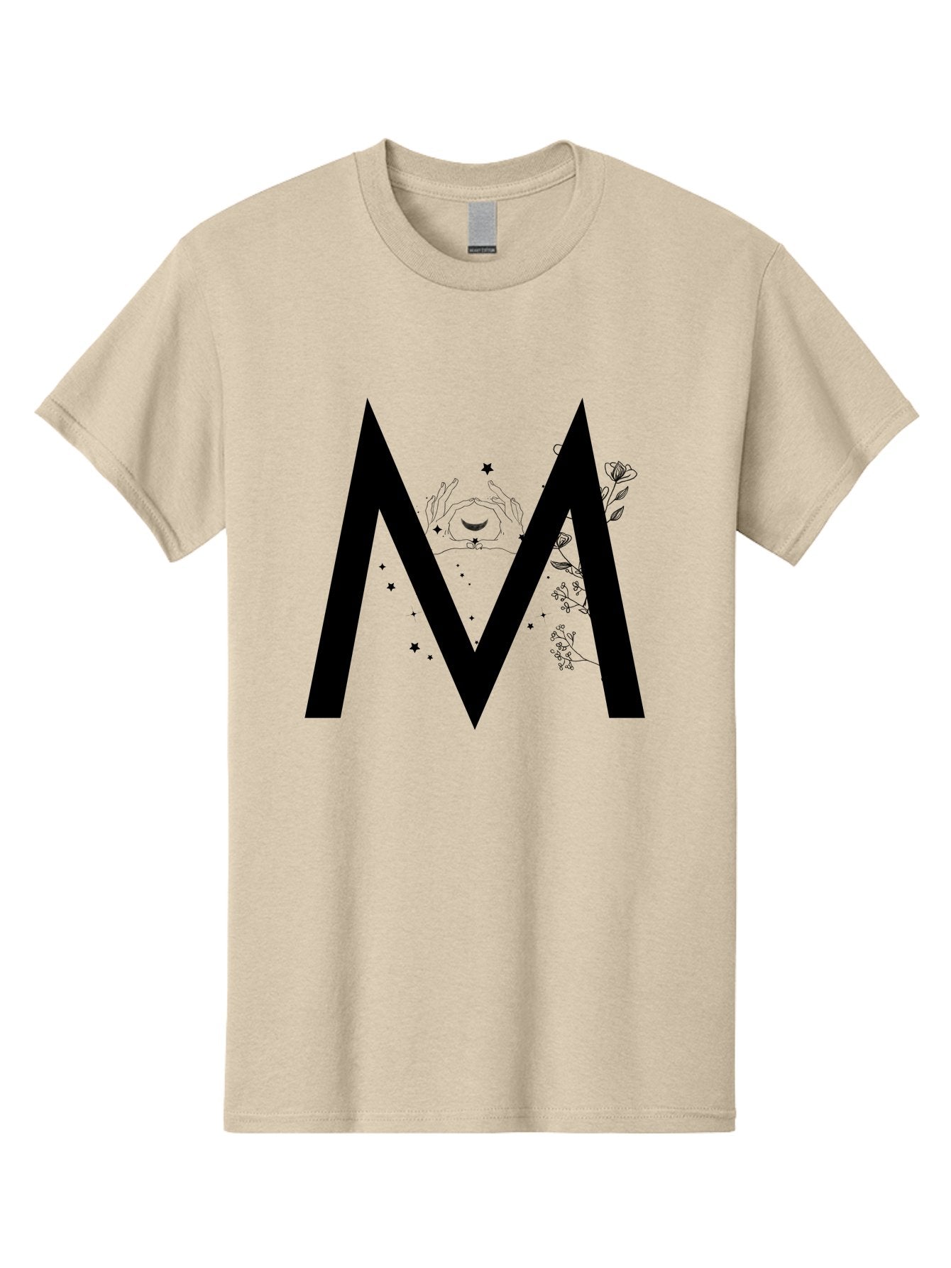M Men'S Graphic Tee, 100% Cotton, Comfortable Casual Summer Wear, Machine Washable, Mystical M, Black Lettering, Stars, Flowers, Mystical Imagery, Spiritual Symbolism, Celestial Design, Bohemian Style, Modern Mysticism, Dreamy Atmosphere Aac335 3