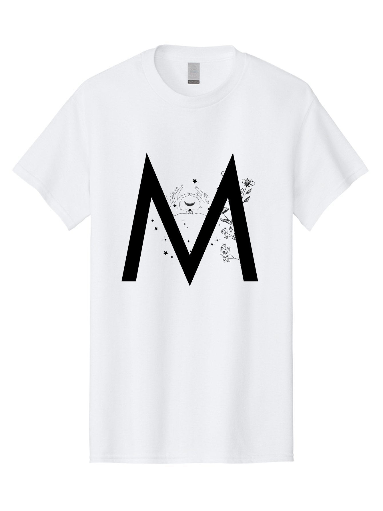 M Men'S Graphic Tee, 100% Cotton, Comfortable Casual Summer Wear, Machine Washable, Mystical M, Black Lettering, Stars, Flowers, Mystical Imagery, Spiritual Symbolism, Celestial Design, Bohemian Style, Modern Mysticism, Dreamy Atmosphere Aac335 9