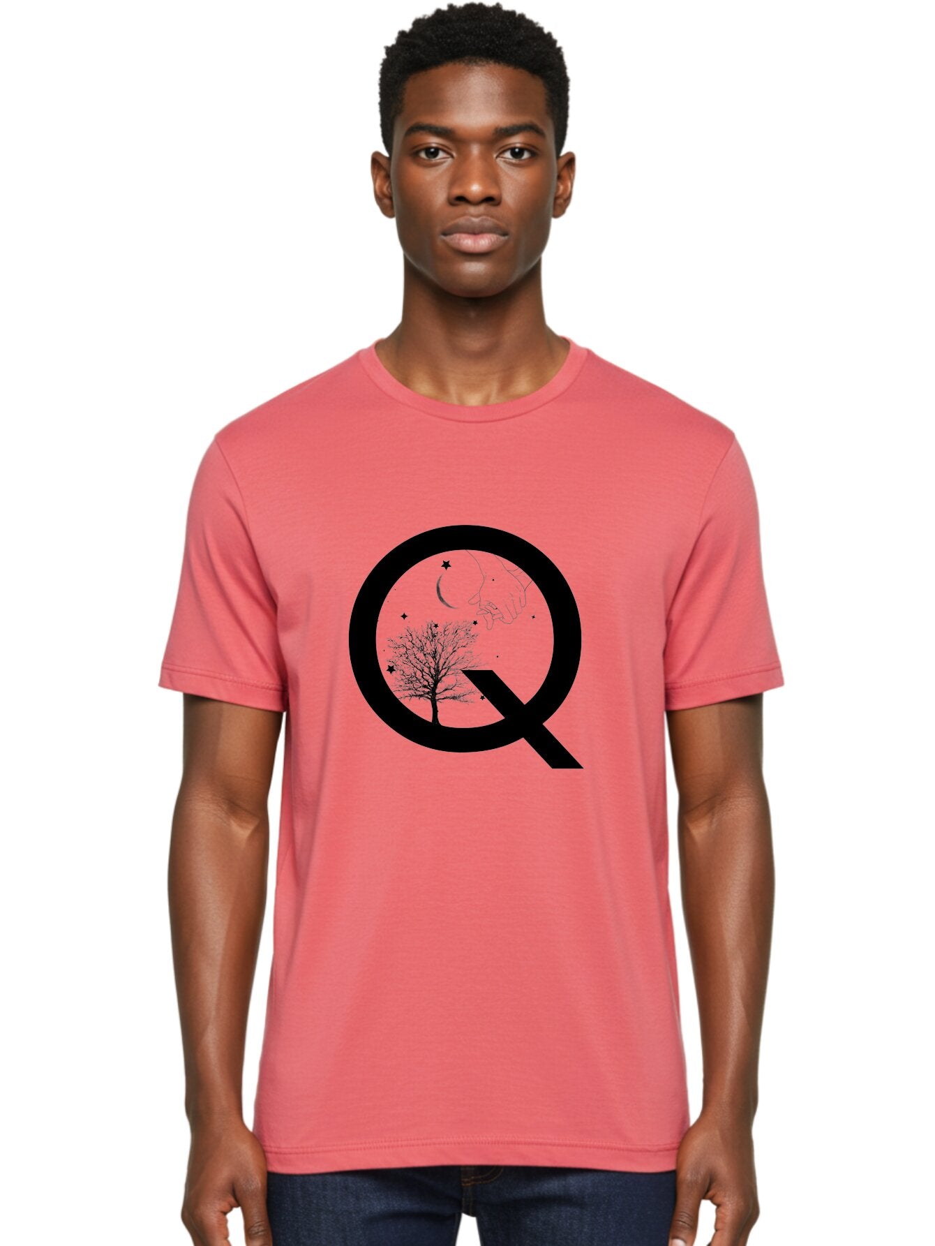 Magnifying-Glass Men'S Graphic Tee, 100% Cotton, Comfortable Casual Summer Wear, Machine Washable, Magnifying Glass, Hand Holding, Tree Silhouette, Crescent Moon And Stars, Astrology, Mysticism, Celestial Body, Botanical Elements Aac336 25