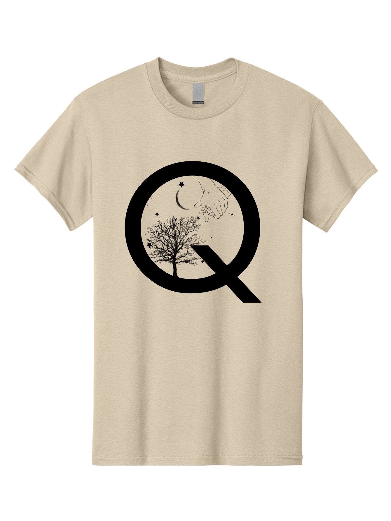 Magnifying-Glass Men'S Graphic Tee, 100% Cotton, Comfortable Casual Summer Wear, Machine Washable, Magnifying Glass, Hand Holding, Tree Silhouette, Crescent Moon And Stars, Astrology, Mysticism, Celestial Body, Botanical Elements Aac336