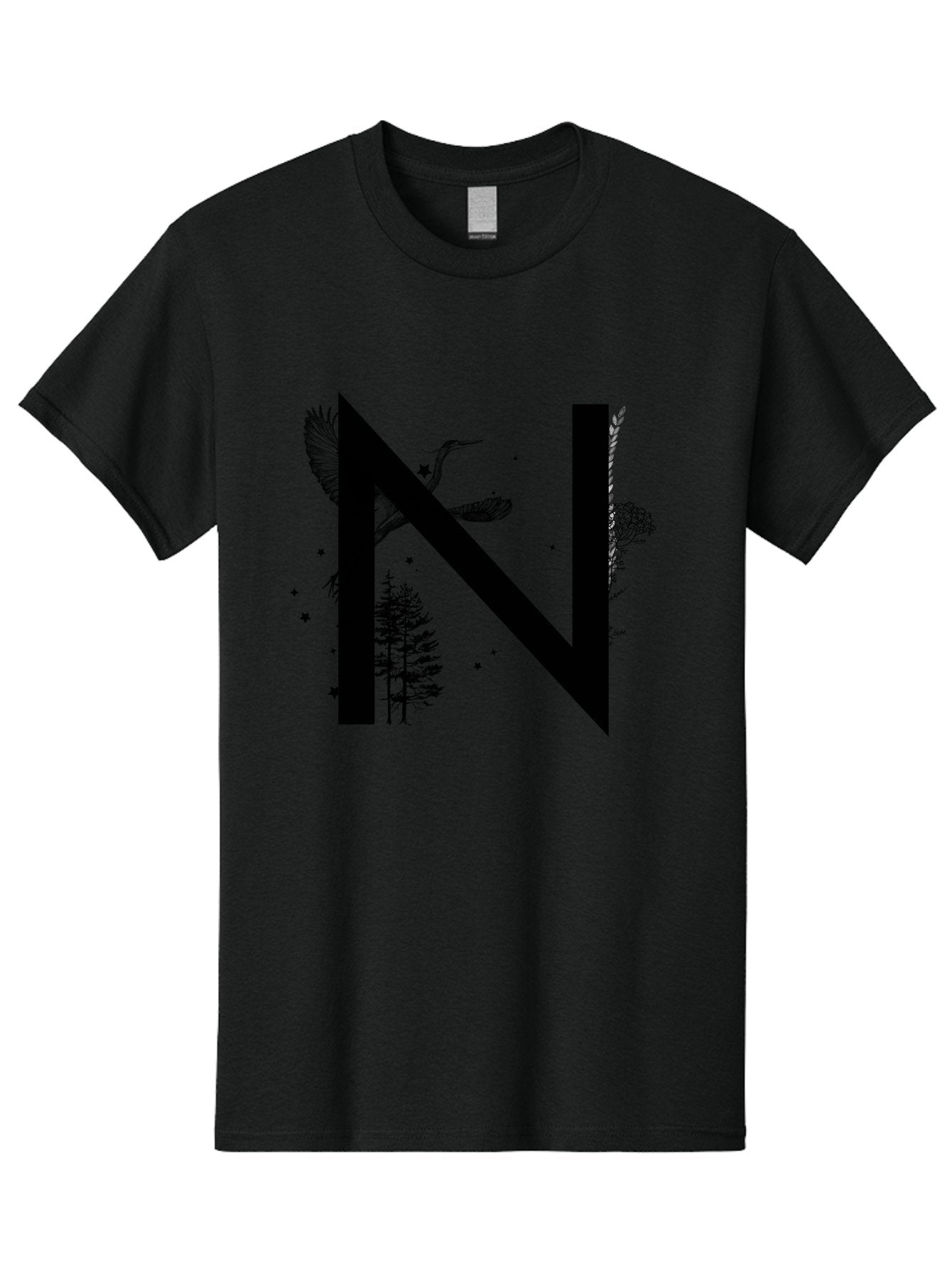 N Men'S Graphic Tee, 100% Cotton, Comfortable Casual Summer Wear, Machine Washable, Stylish N Letter, Logo Design, Nature Inspired, Black Lettering, Floral Elements, Birds In Flight, Stars, Trees, Foliage, Symbolism, Creative Typography Aac338 6