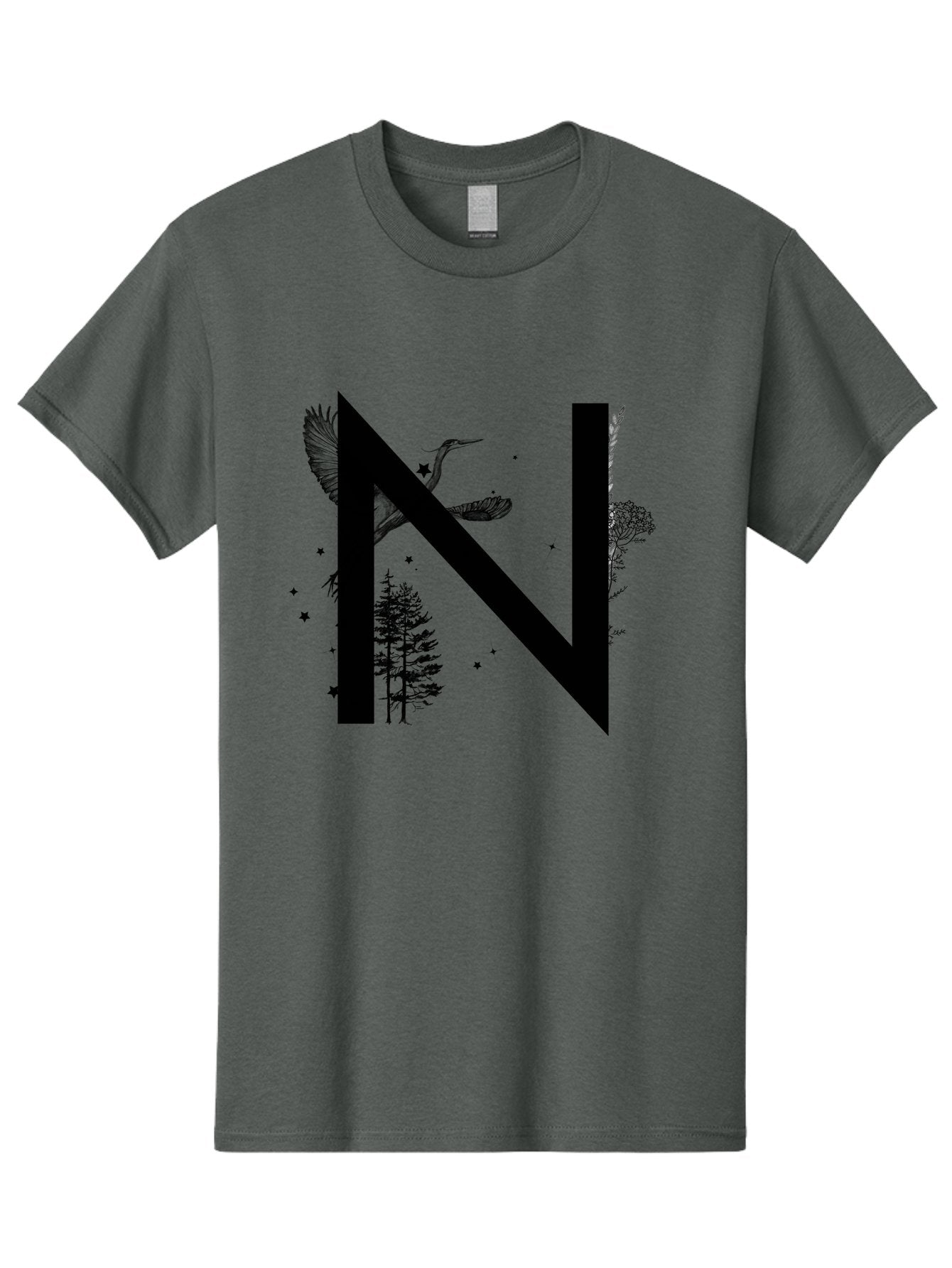N Men'S Graphic Tee, 100% Cotton, Comfortable Casual Summer Wear, Machine Washable, Stylish N Letter, Logo Design, Nature Inspired, Black Lettering, Floral Elements, Birds In Flight, Stars, Trees, Foliage, Symbolism, Creative Typography Aac338 9