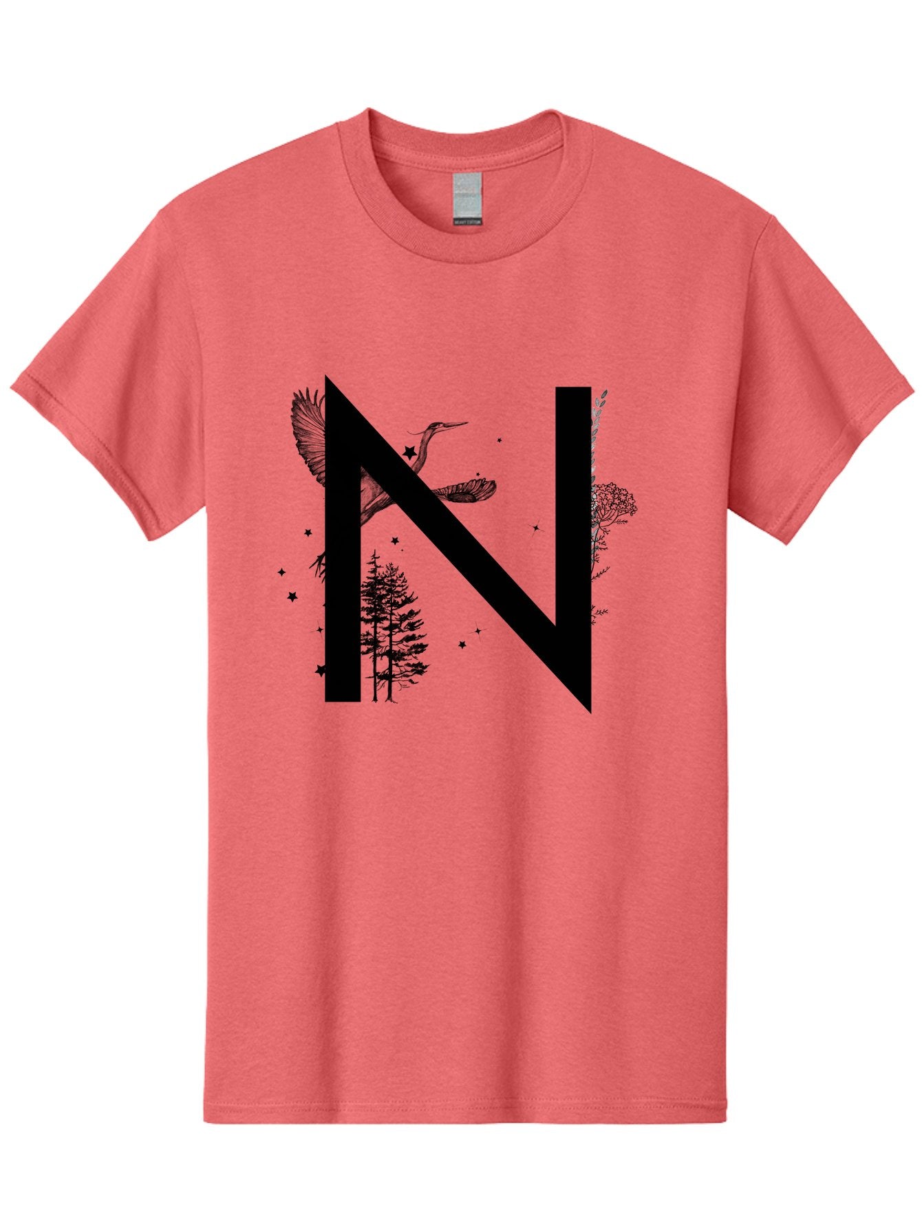 N Men'S Graphic Tee, 100% Cotton, Comfortable Casual Summer Wear, Machine Washable, Stylish N Letter, Logo Design, Nature Inspired, Black Lettering, Floral Elements, Birds In Flight, Stars, Trees, Foliage, Symbolism, Creative Typography Aac338