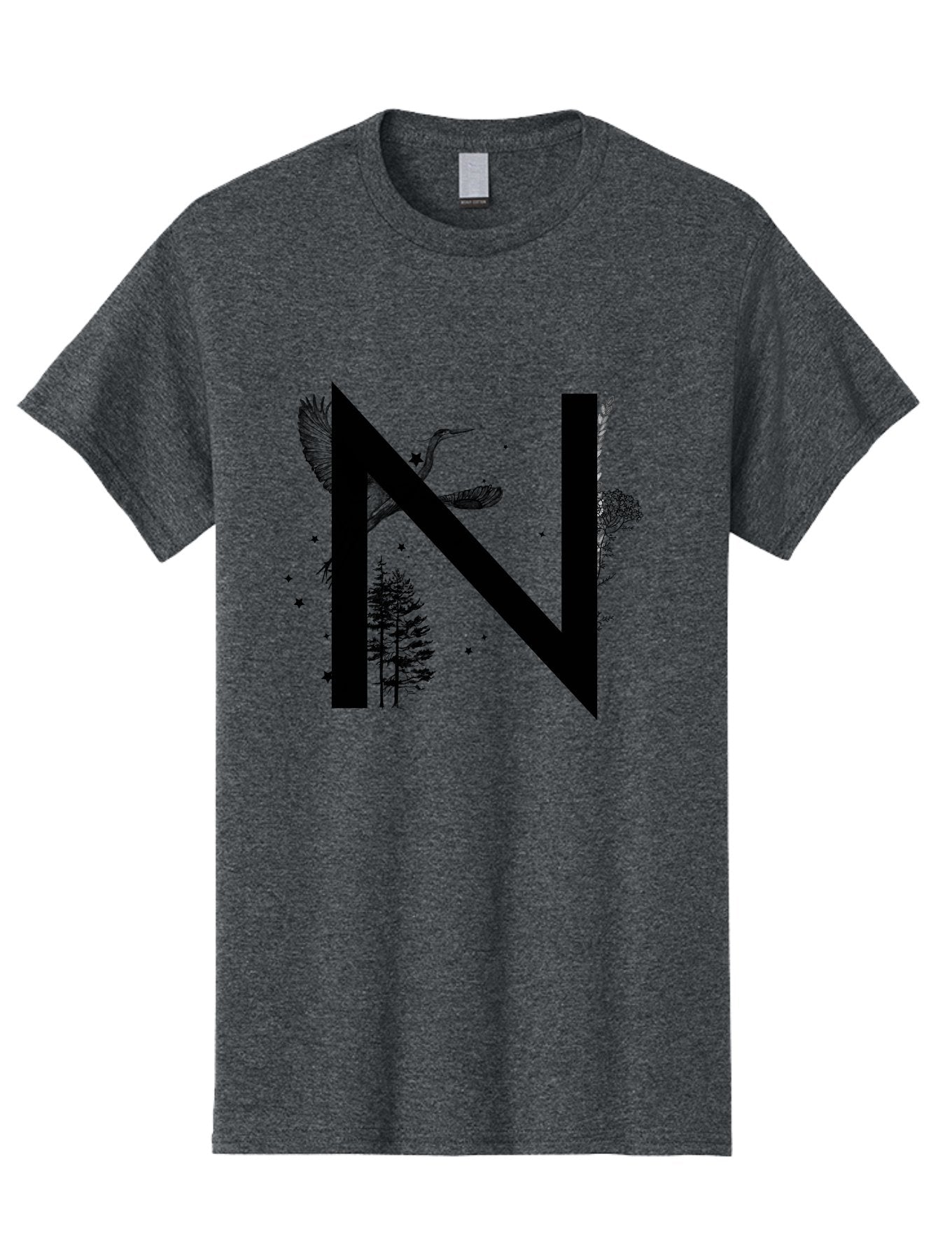 N Men'S Graphic Tee, 100% Cotton, Comfortable Casual Summer Wear, Machine Washable, Stylish N Letter, Logo Design, Nature Inspired, Black Lettering, Floral Elements, Birds In Flight, Stars, Trees, Foliage, Symbolism, Creative Typography Aac338 12