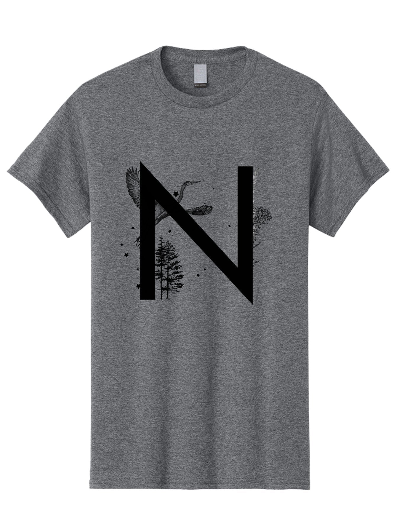 N Men'S Graphic Tee, 100% Cotton, Comfortable Casual Summer Wear, Machine Washable, Stylish N Letter, Logo Design, Nature Inspired, Black Lettering, Floral Elements, Birds In Flight, Stars, Trees, Foliage, Symbolism, Creative Typography Aac338 3