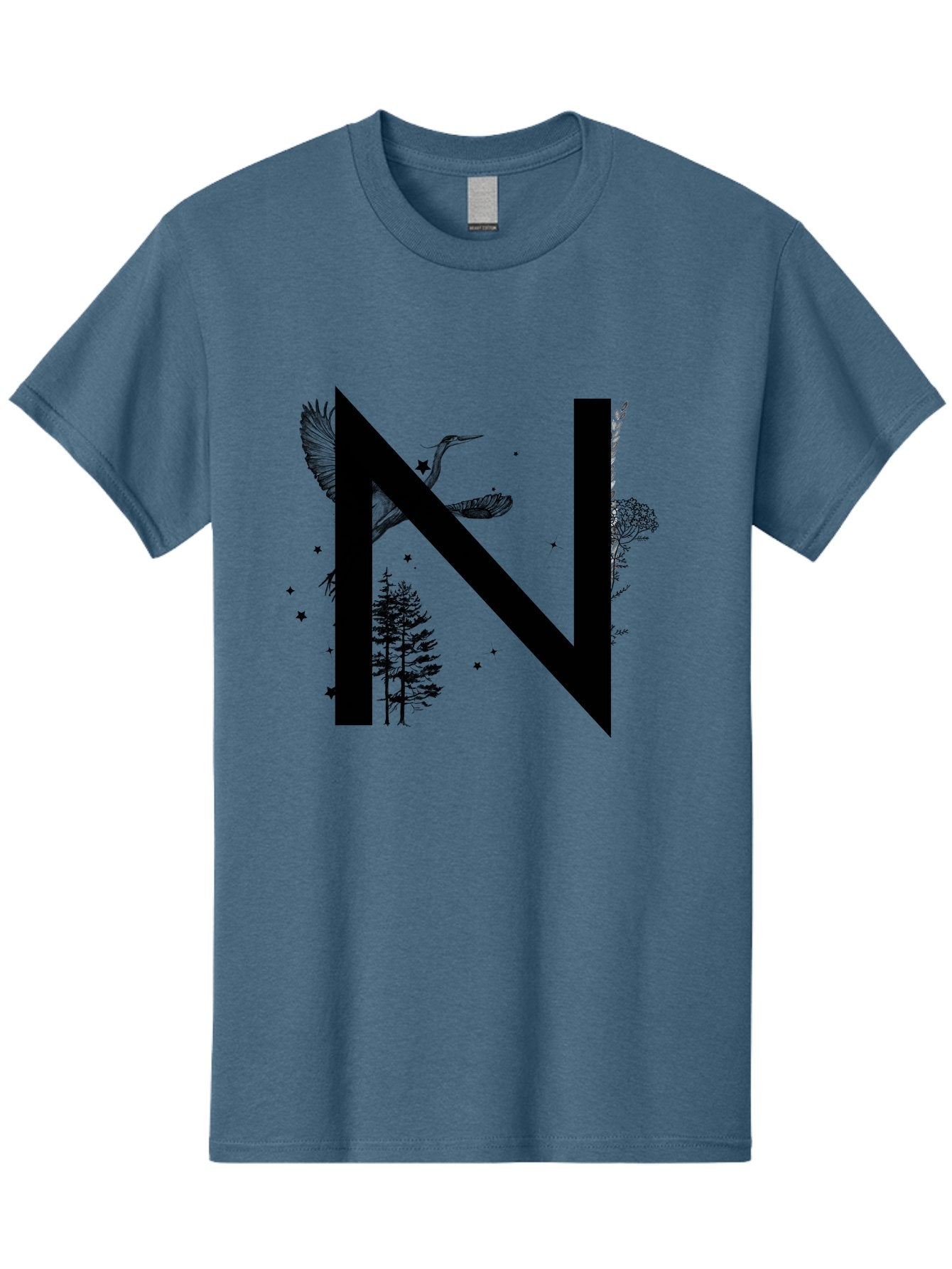 N Men'S Graphic Tee, 100% Cotton, Comfortable Casual Summer Wear, Machine Washable, Stylish N Letter, Logo Design, Nature Inspired, Black Lettering, Floral Elements, Birds In Flight, Stars, Trees, Foliage, Symbolism, Creative Typography Aac338 4