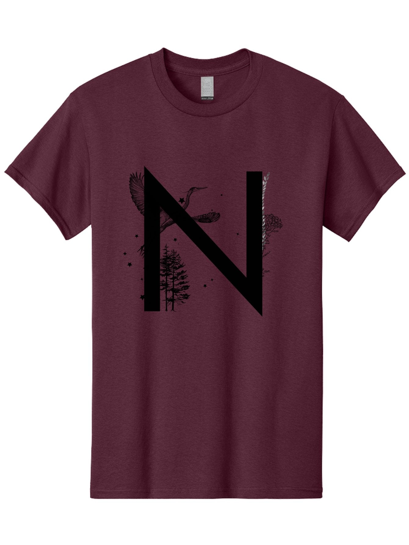 N Men'S Graphic Tee, 100% Cotton, Comfortable Casual Summer Wear, Machine Washable, Stylish N Letter, Logo Design, Nature Inspired, Black Lettering, Floral Elements, Birds In Flight, Stars, Trees, Foliage, Symbolism, Creative Typography Aac338 14