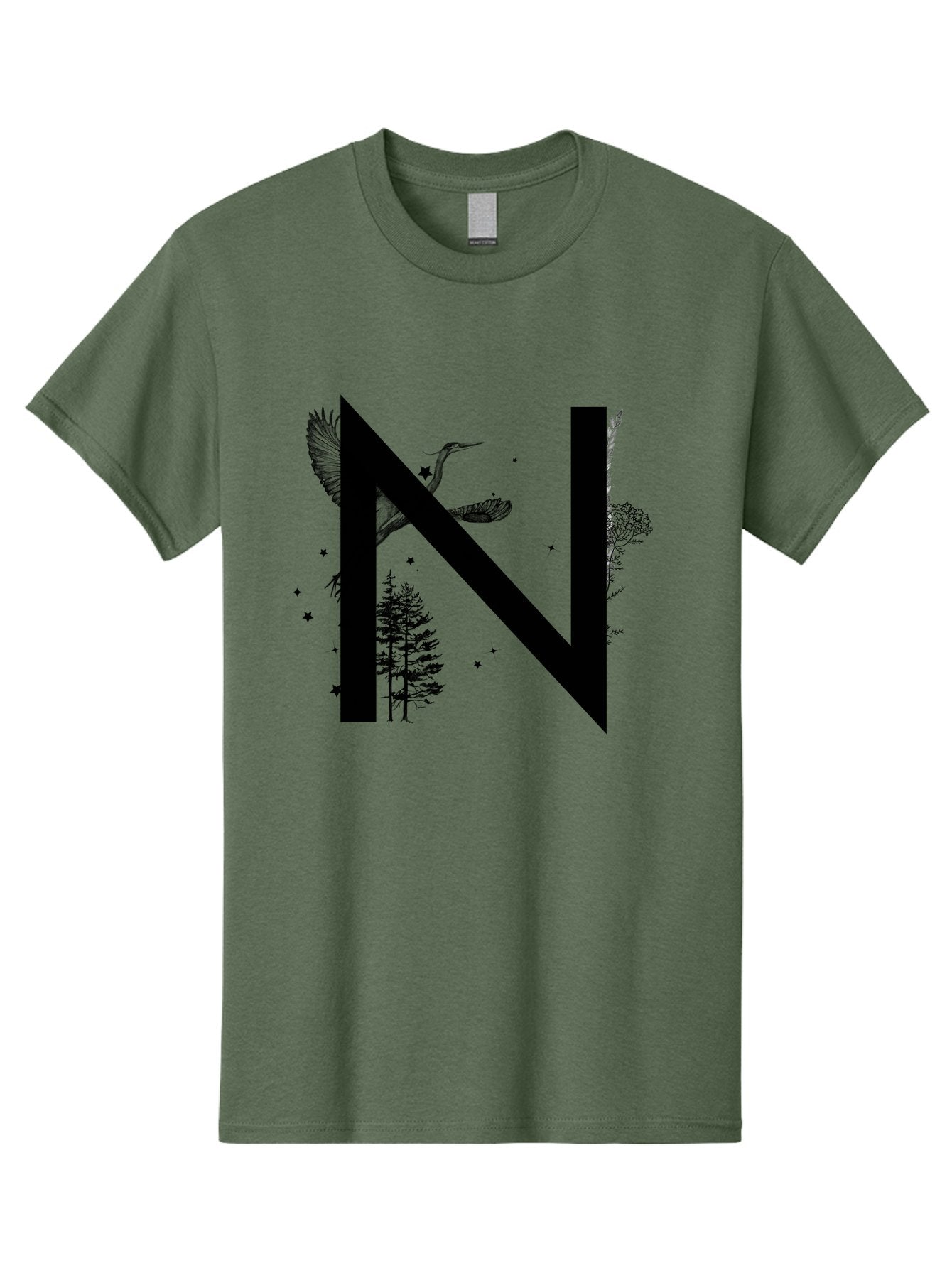 N Men'S Graphic Tee, 100% Cotton, Comfortable Casual Summer Wear, Machine Washable, Stylish N Letter, Logo Design, Nature Inspired, Black Lettering, Floral Elements, Birds In Flight, Stars, Trees, Foliage, Symbolism, Creative Typography Aac338