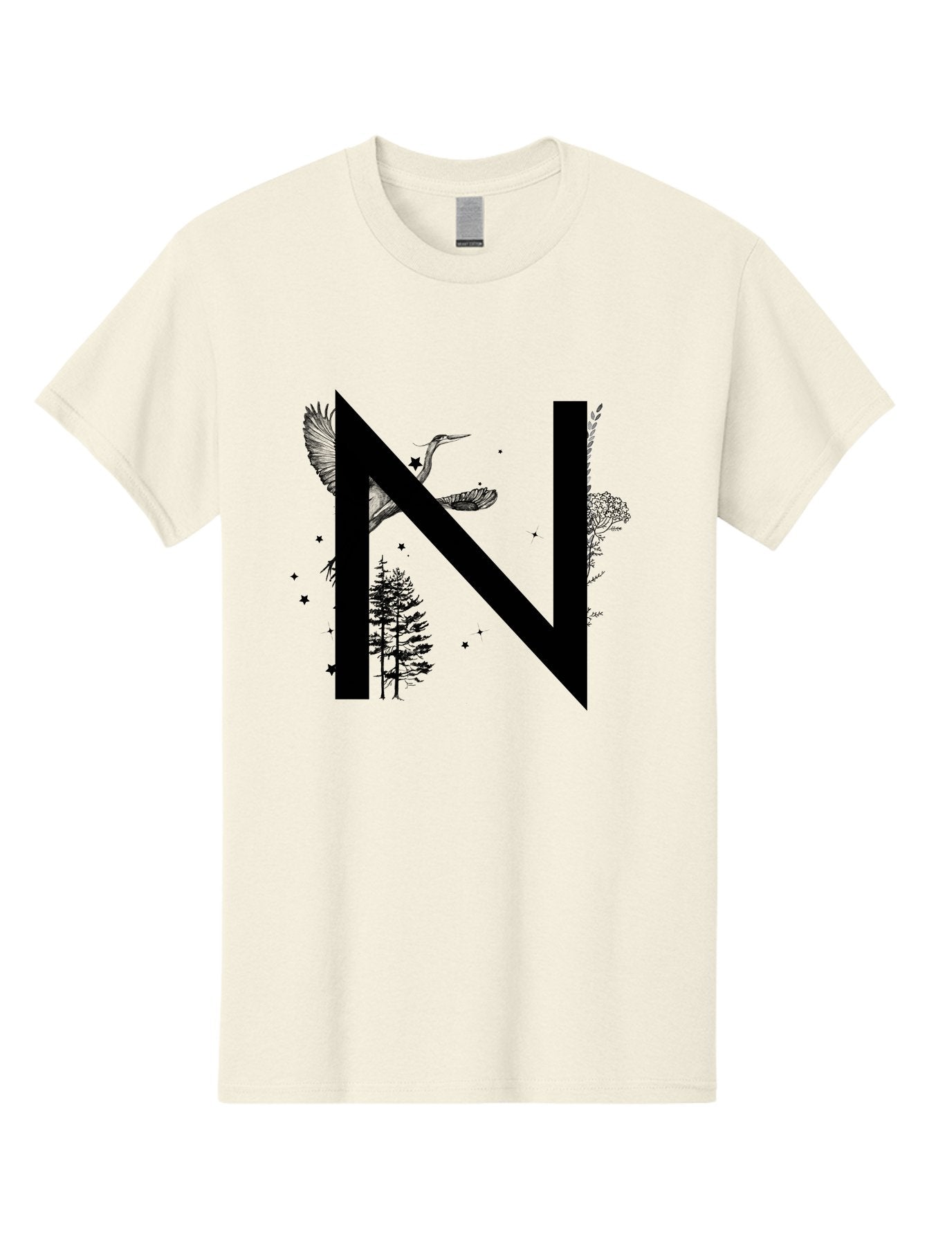 N Men'S Graphic Tee, 100% Cotton, Comfortable Casual Summer Wear, Machine Washable, Stylish N Letter, Logo Design, Nature Inspired, Black Lettering, Floral Elements, Birds In Flight, Stars, Trees, Foliage, Symbolism, Creative Typography Aac338 10
