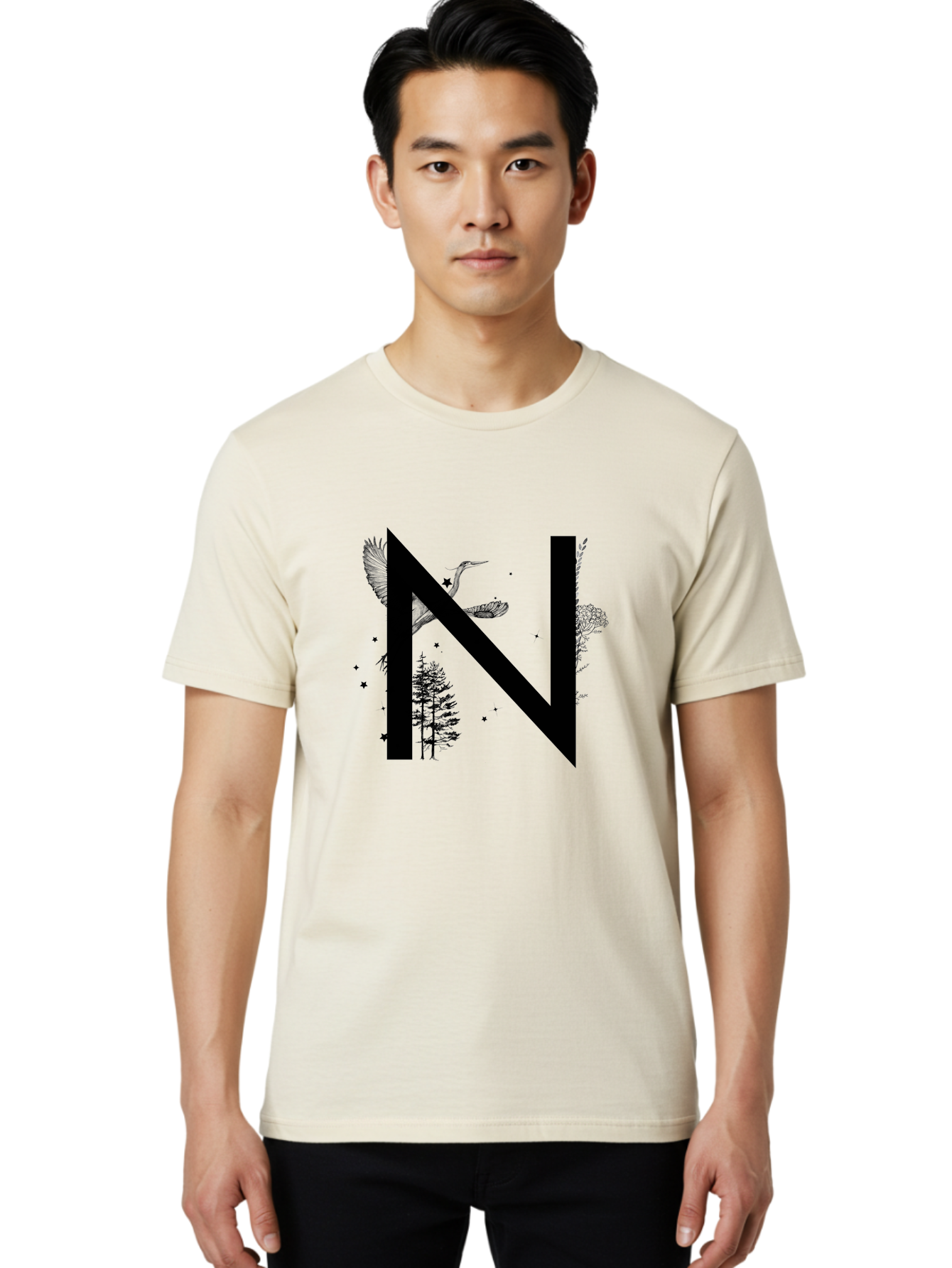 N Men'S Graphic Tee, 100% Cotton, Comfortable Casual Summer Wear, Machine Washable, Stylish N Letter, Logo Design, Nature Inspired, Black Lettering, Floral Elements, Birds In Flight, Stars, Trees, Foliage, Symbolism, Creative Typography Aac338 28