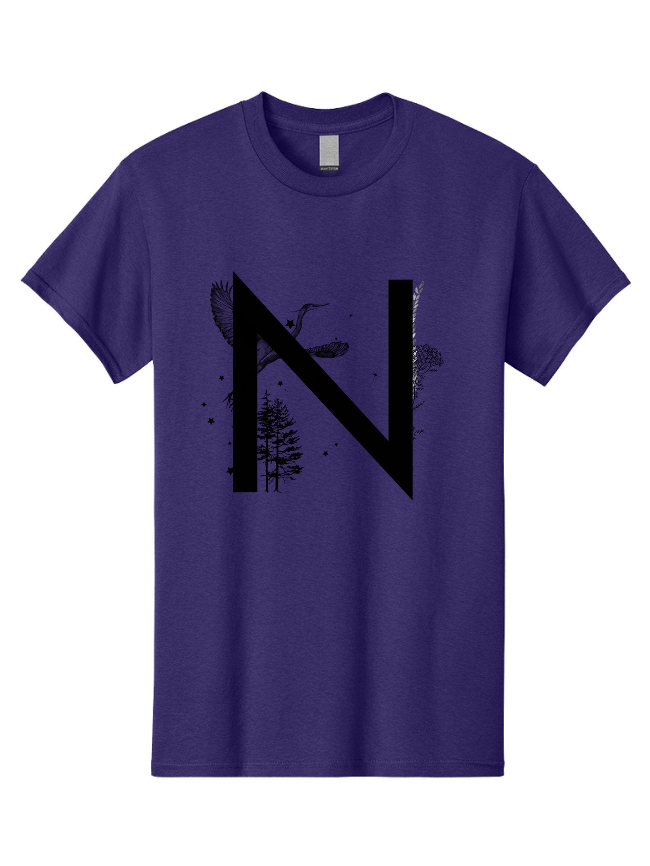N Men'S Graphic Tee, 100% Cotton, Comfortable Casual Summer Wear, Machine Washable, Stylish N Letter, Logo Design, Nature Inspired, Black Lettering, Floral Elements, Birds In Flight, Stars, Trees, Foliage, Symbolism, Creative Typography Aac338 8