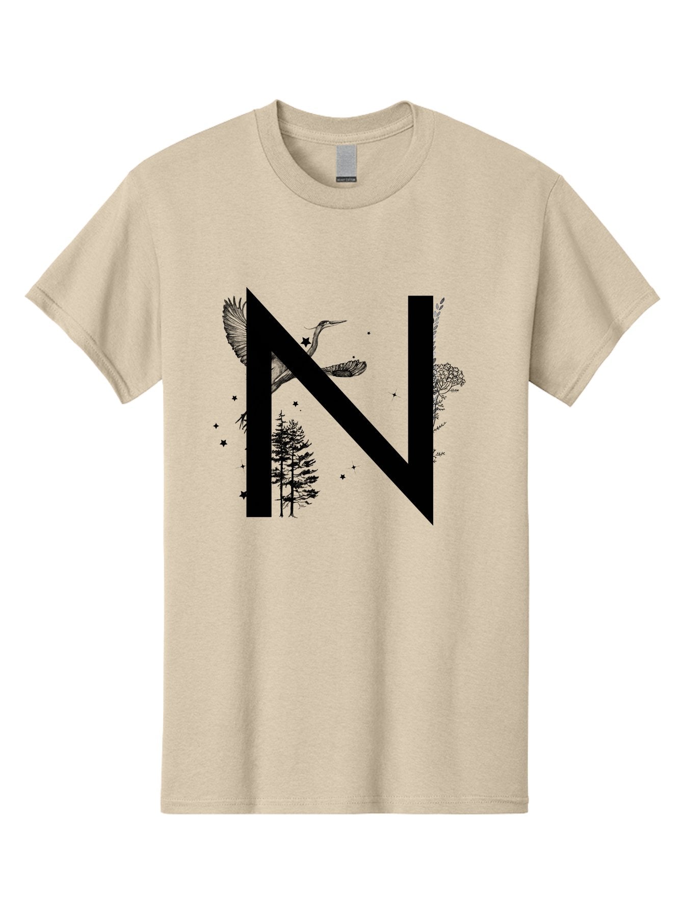 N Men'S Graphic Tee, 100% Cotton, Comfortable Casual Summer Wear, Machine Washable, Stylish N Letter, Logo Design, Nature Inspired, Black Lettering, Floral Elements, Birds In Flight, Stars, Trees, Foliage, Symbolism, Creative Typography Aac338 11
