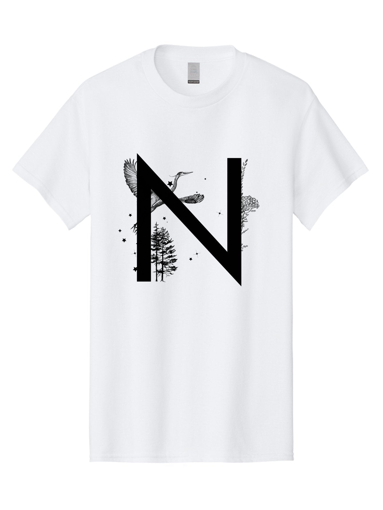 N Men'S Graphic Tee, 100% Cotton, Comfortable Casual Summer Wear, Machine Washable, Stylish N Letter, Logo Design, Nature Inspired, Black Lettering, Floral Elements, Birds In Flight, Stars, Trees, Foliage, Symbolism, Creative Typography Aac338 13