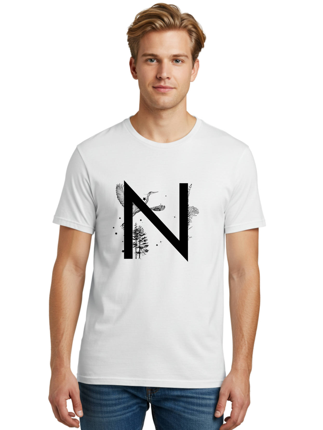 N Men'S Graphic Tee, 100% Cotton, Comfortable Casual Summer Wear, Machine Washable, Stylish N Letter, Logo Design, Nature Inspired, Black Lettering, Floral Elements, Birds In Flight, Stars, Trees, Foliage, Symbolism, Creative Typography Aac338 30
