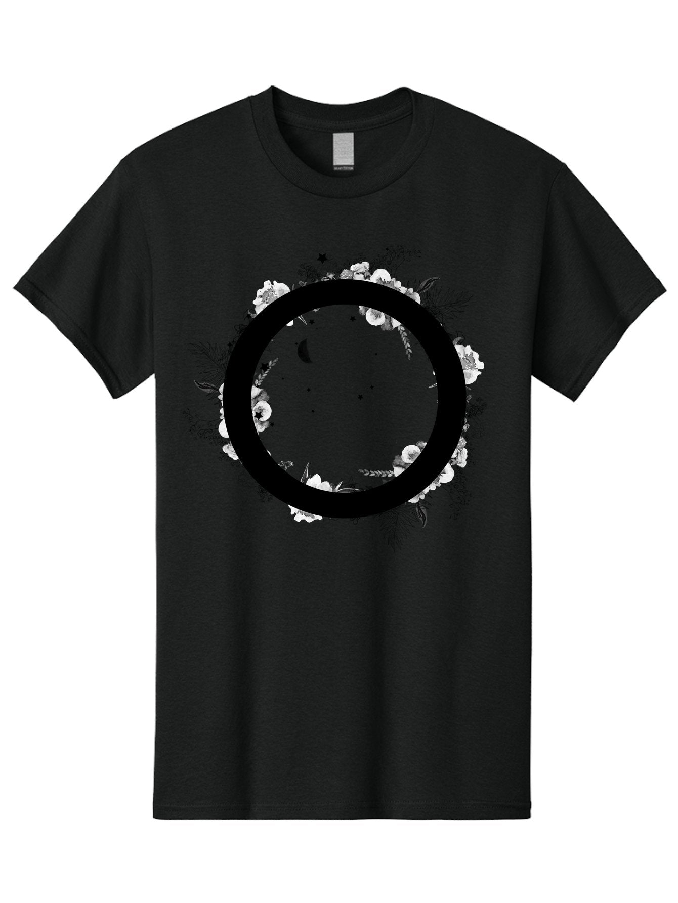 O Men'S Graphic Tee, 100% Cotton, Comfortable Casual Summer Wear, Machine Washable, Floral Wreath, Black Circle, Moon And Stars, White Flowers, Leaves And Foliage, Celestial Elements, Mystical Design Aac339 15