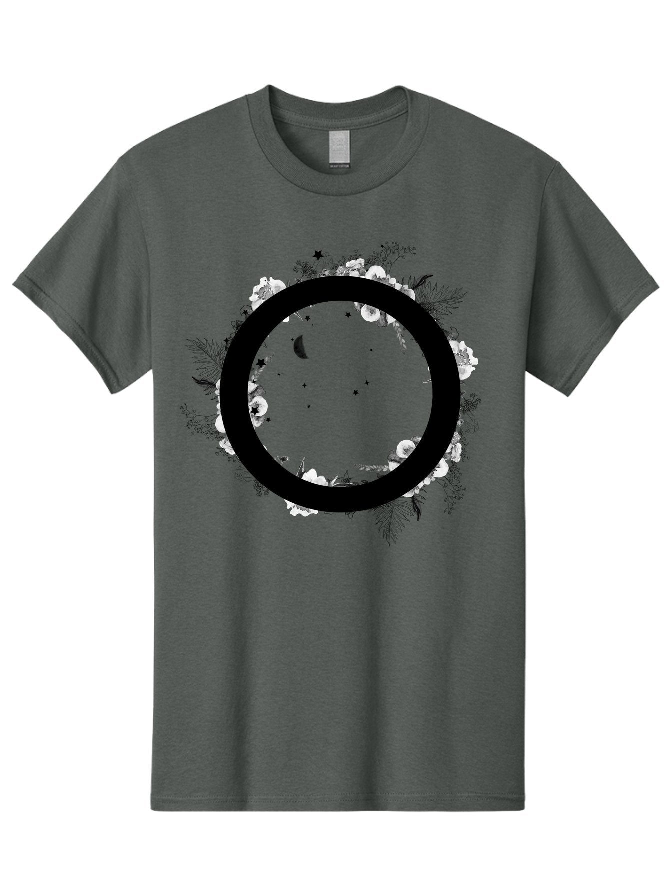 O Men'S Graphic Tee, 100% Cotton, Comfortable Casual Summer Wear, Machine Washable, Floral Wreath, Black Circle, Moon And Stars, White Flowers, Leaves And Foliage, Celestial Elements, Mystical Design Aac339 4